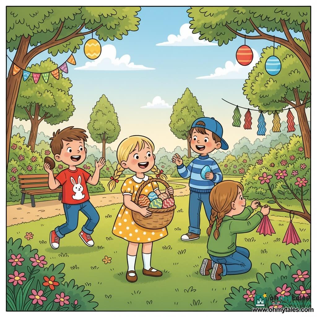 Four 6-year-old children at a bright spring urban park: Lily, a blonde girl with pigtails in a yellow polka-dot dress holding a large wicker basket of colored eggs at the center, smiling at her friends; Max, a brown-haired boy in a red rabbit T‑shirt to Lily’s left, holding a chocolate egg and clapping as he hops; Emma, a light-brown-haired girl in a braid and green jacket to Lily’s right, crouched attaching a paper garland to a branch; and Noah, a slightly tanned boy in a blue cap and striped sweater just behind Lily proudly showing a sparkling blue egg; they are in a green lawn with flowering bushes, low branches, a wooden bench and paved path, colorful bunting and balloons hung in the trees, searching for Easter eggs with full baskets, joyful expressions and soft late-morning sunlight.