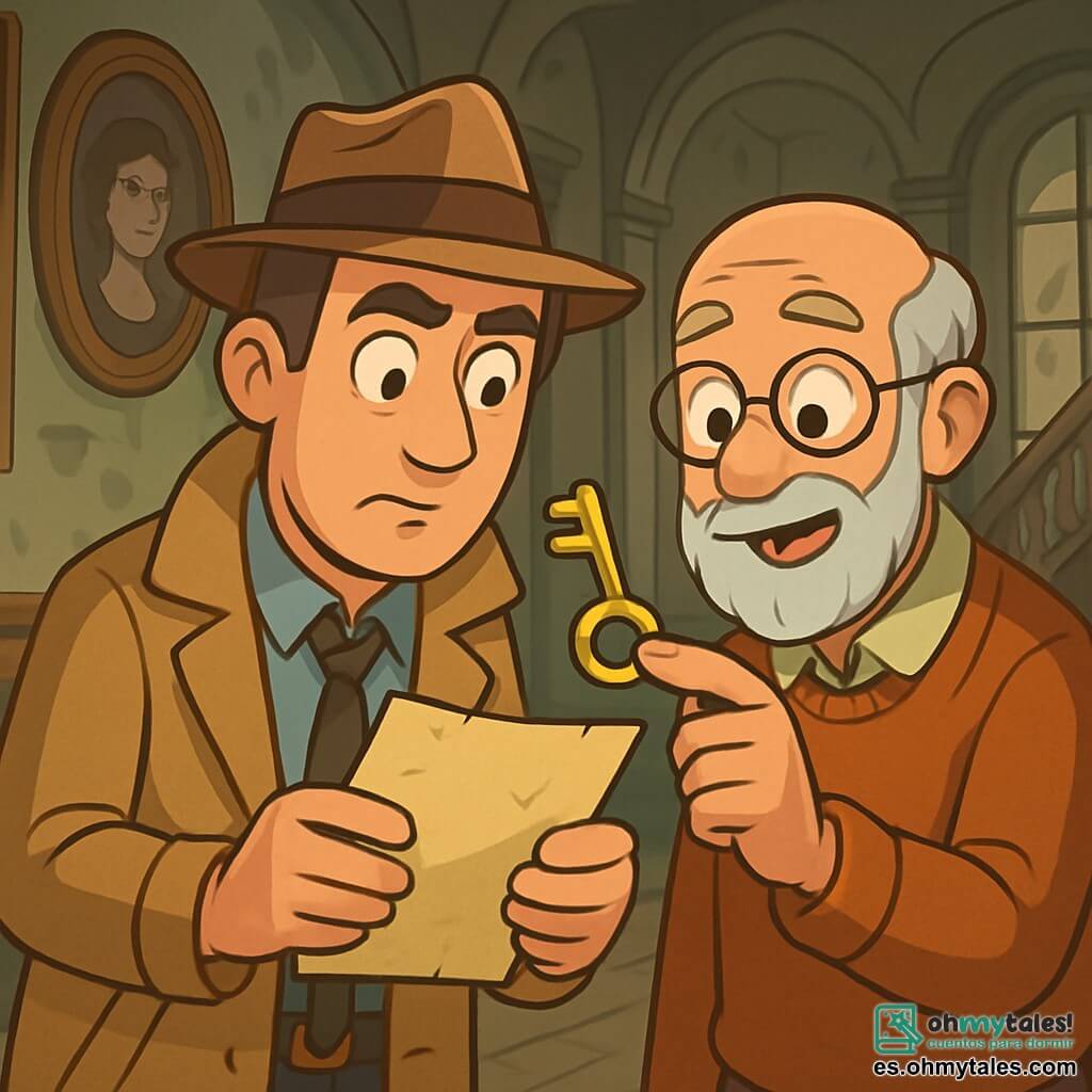 Un hombre, Julián, es un detective de unos cuarenta años, con cabello castaño ligeramente canoso, vistiendo un trench coat beige y un sombrero fedora. Su rostro expresa concentración y curiosidad, mientras sus ojos brillantes examinan atentamente una vieja carta que sostiene en sus manos. A su lado, Tomás, un hombre de unos 70 años, con barba blanca y gafas redondas, le muestra una llave dorada a Julián, su cara marcada por arrugas que reflejan su experiencia. Están en el gran vestíbulo de la mansión de los susurros, donde las paredes adornadas con retratos polvorientos y muebles antiguos crean una atmósfera misteriosa. La luz tenue filtra a través de ventanas polvorientas, proyectando sombras intrigantes sobre el suelo de madera. La escena principal muestra a Julián y Tomás en plena investigación, rodeados de objetos antiguos, buscando pistas para resolver el misterio de la desaparición de la señora Aurora.