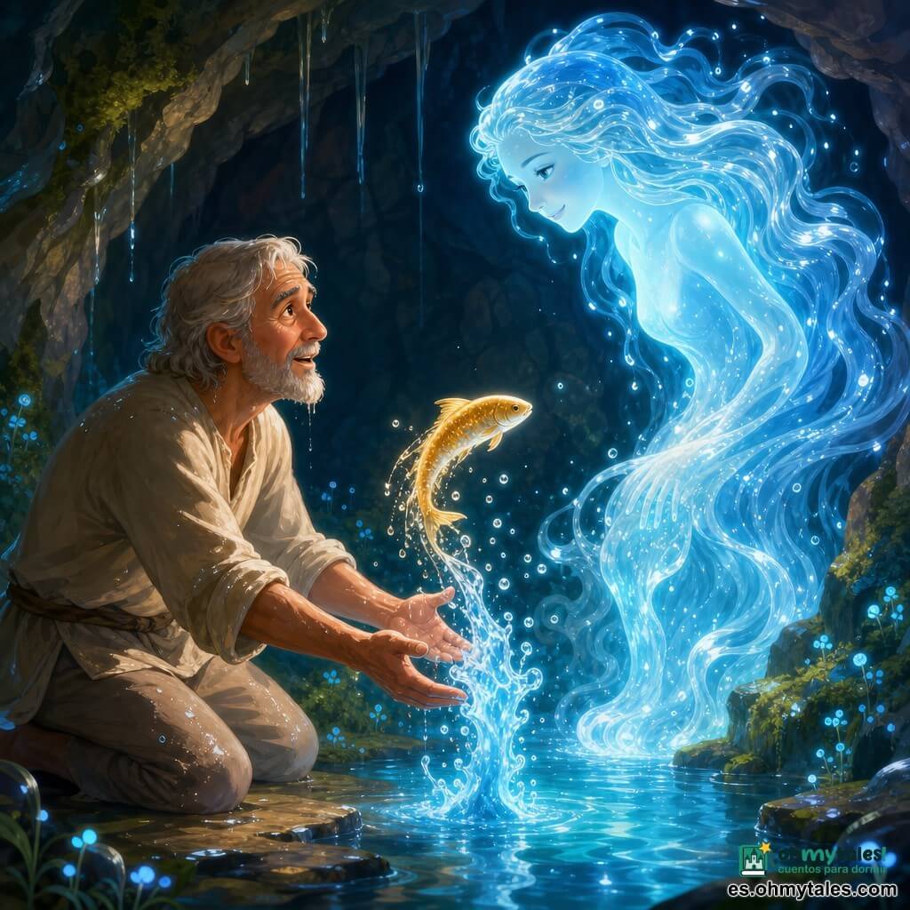 Un hombre llamado Elías, sereno y maravillado, arrodillado junto a un pequeño manantial con las manos tendidas hacia el agua; rostro arrugado, cabello gris y barba corta, ropa de lino beige ligeramente húmeda; un pequeño pez dorado brillante nada en arco cerca de su mano derecha; un espíritu del agua etéreo de forma femenina hecho de luz azul y blanca se eleva en volutas sobre el manantial; la escena ocurre en una cueva secreta con paredes de piedra cubiertas de musgo, estalactitas finas y suelo húmedo con pequeñas flores fosforescentes y reflejos en el agua; momento mágico en que la luz del manantial forma una silueta de agua al contacto con las manos de Elías, ambiente suave, tonos azul verdosos brillantes, contrastes cálidos en su rostro y gotas suspendidas como perlas.