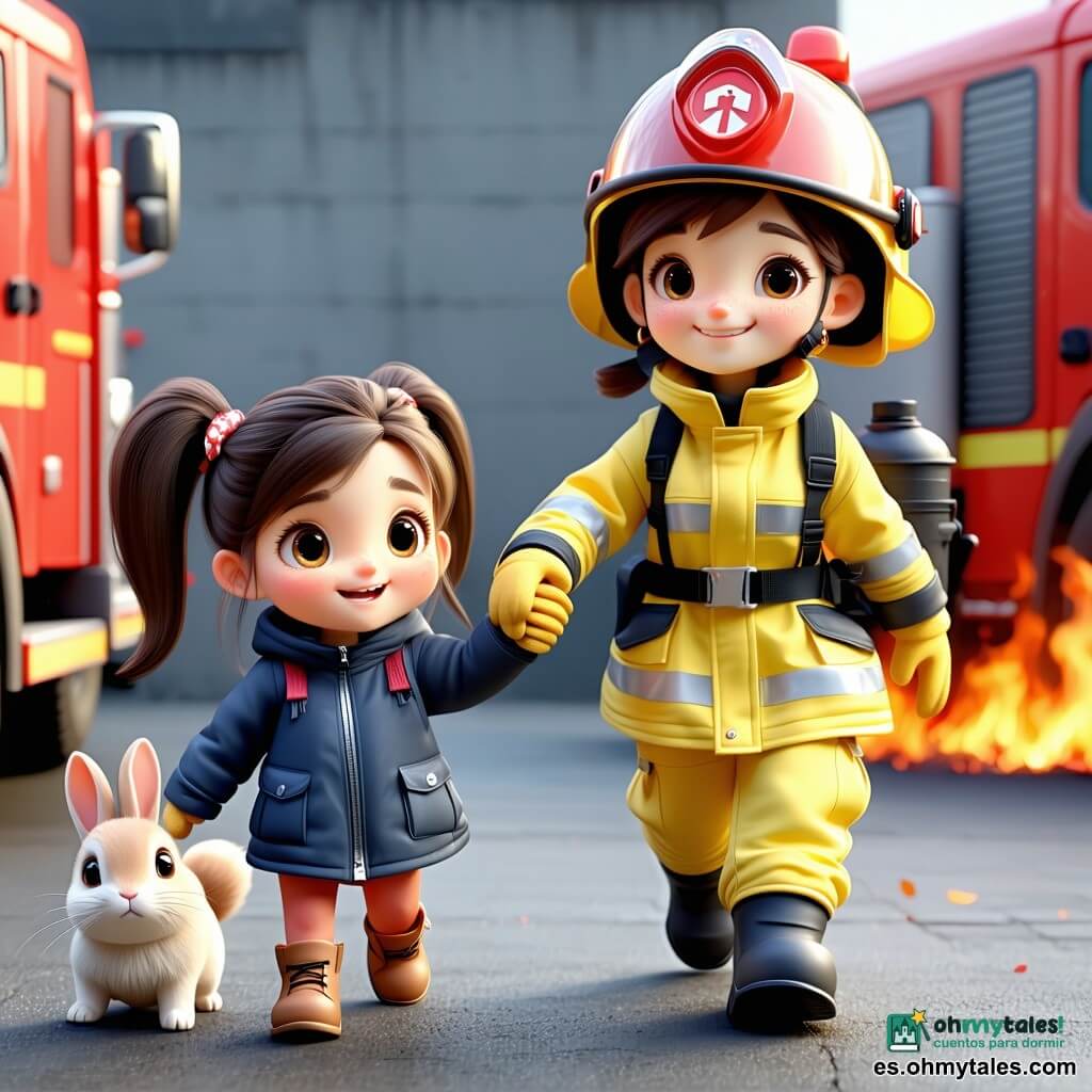 Una bombera sonriente y serena con casco rojo brillante, chaqueta ignífuga amarilla y negra, guantes y botas robustas, toma de la mano a una niña de unos 6 años con coleta y ojos preocupados que abraza un peluche; un joven aprendiz de unos 16 años con gorra hacia atrás sostiene un extintor detrás, y al fondo un gato atigrado naranja cubierto de harina en una manta sostenida por el panadero; escenario: plaza empedrada junto a una panadería con la puerta entreabierta, fuente y un camión de bomberos rojo, humo gris ligero y luz cálida del atardecer; ambiente tranquilizador y heroico; estilo: render 3D suave y colorido, texturas y detalles nítidos, atmósfera amigable para niños.