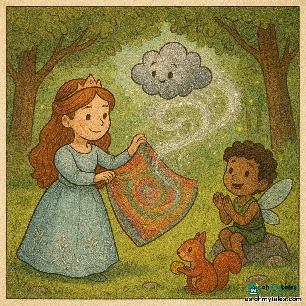 Una princesa de unos 12 años, rostro dulce con pecas, vestido azul pálido con bordados plateados y sonrisa tranquilizadora, sostiene un gran tapiz colorido que sacude suavemente mientras baila; una nubecita de polvo mágico llamada Polvín, gris plateado y brillante, revolotea sobre el tapiz, asombrada; un duendecillo Nimbo, niño de tamaño infantil con alas húmedas plegadas y pelo rizado castaño, está sentado en una piedra a la derecha aplaudiendo con expresión agradecida; una ardilla pequeña hembra de pelaje rojizo brillante sostiene una nuez dorada entre las patas y mira a la princesa desde la hierba cercana; el claro es redondo, bañado en luz dorada, con hierba corta, piedras planas y troncos grandes formando una bóveda de hojas, y luciérnagas al fondo; la princesa baila despacio para sacudir el tapiz sin dispersar el polvo, creando espirales de polvo plateado que revelan pequeños recuerdos flotantes en una atmósfera tierna, serena y luminosa.