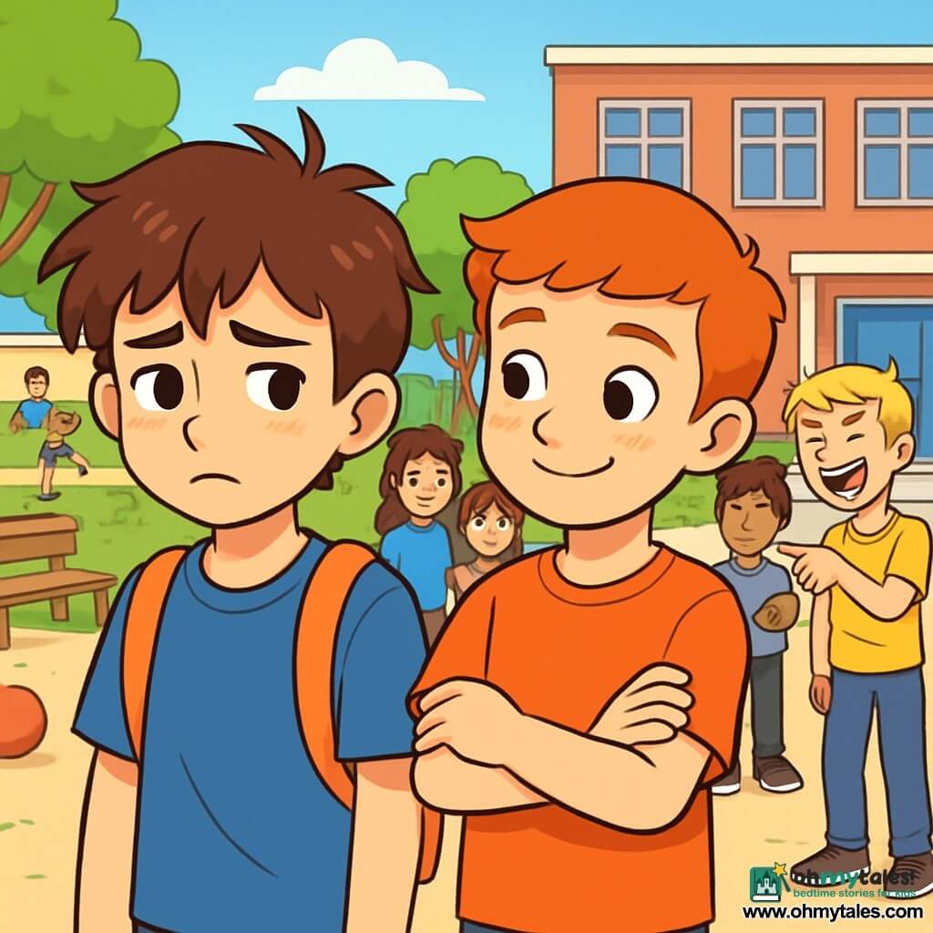 A 12-year-old boy, Liam, with messy brown hair and brown eyes, stands in the center of the schoolyard looking sad and a bit worried, his shoulders slightly slumped. To his right, Max, a 12-year-old boy with red hair and freckles, smiles encouragingly with his arms crossed, showing his support for Liam. In the background, a group of students, including Jake, a 13-year-old boy with blonde hair and an arrogant attitude, laughs while making a mocking remark, as other students watch, some with disapproving expressions. The schoolyard is lively, with green trees, wooden benches, and children playing ball, creating a vibrant yet tense atmosphere. The main situation shows Liam facing bullying but also the support of his friend Max, illustrating the theme of friendship in the face of harassment.