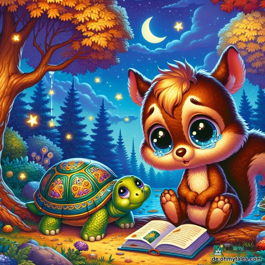 Ein kleiner brauner Eichhörnchen namens Fips, mit großen runden und glänzenden Augen, sitzt auf einem Baumast, sein Gesicht drückt eine sanfte Melancholie aus. Er hält ein buntes Buch mit Zeichnungen und Geschichten in den Händen und schaut zum sternenklaren Himmel, wo ein Stern intensiv leuchtet. In der Nähe beobachtet eine sanfte und weise Schildkröte namens Tante Schnuppernase, mit einem grünen Panzer, der mit goldenen Mustern verziert ist, Fips mit einem tröstlichen Blick, ihr Ausdruck von Zärtlichkeit und Verständnis geprägt. Sie sitzt auf einem Felsen, etwas im Hintergrund, und bietet ihre stille Unterstützung an. Der Ort ist eine verzauberte Lichtung, von Mondlicht durchflutet, umgeben von majestätischen Bäumen mit goldenen Blättern, die eine friedliche und magische Atmosphäre schaffen. Glühwürmchen tanzen herum und fügen der Szene einen Hauch von funkelndem Licht hinzu. Die Hauptsituation zeigt Fips, der sein Erinnerungsbuch durchblättert, mit Tränen in den Augen, aber mit einem leichten Lächeln, während er sich an die glücklichen Momente mit seiner Großmutter erinnert und Trost in seinen Erinnerungen sucht, umgeben von der Schönheit der Natur.