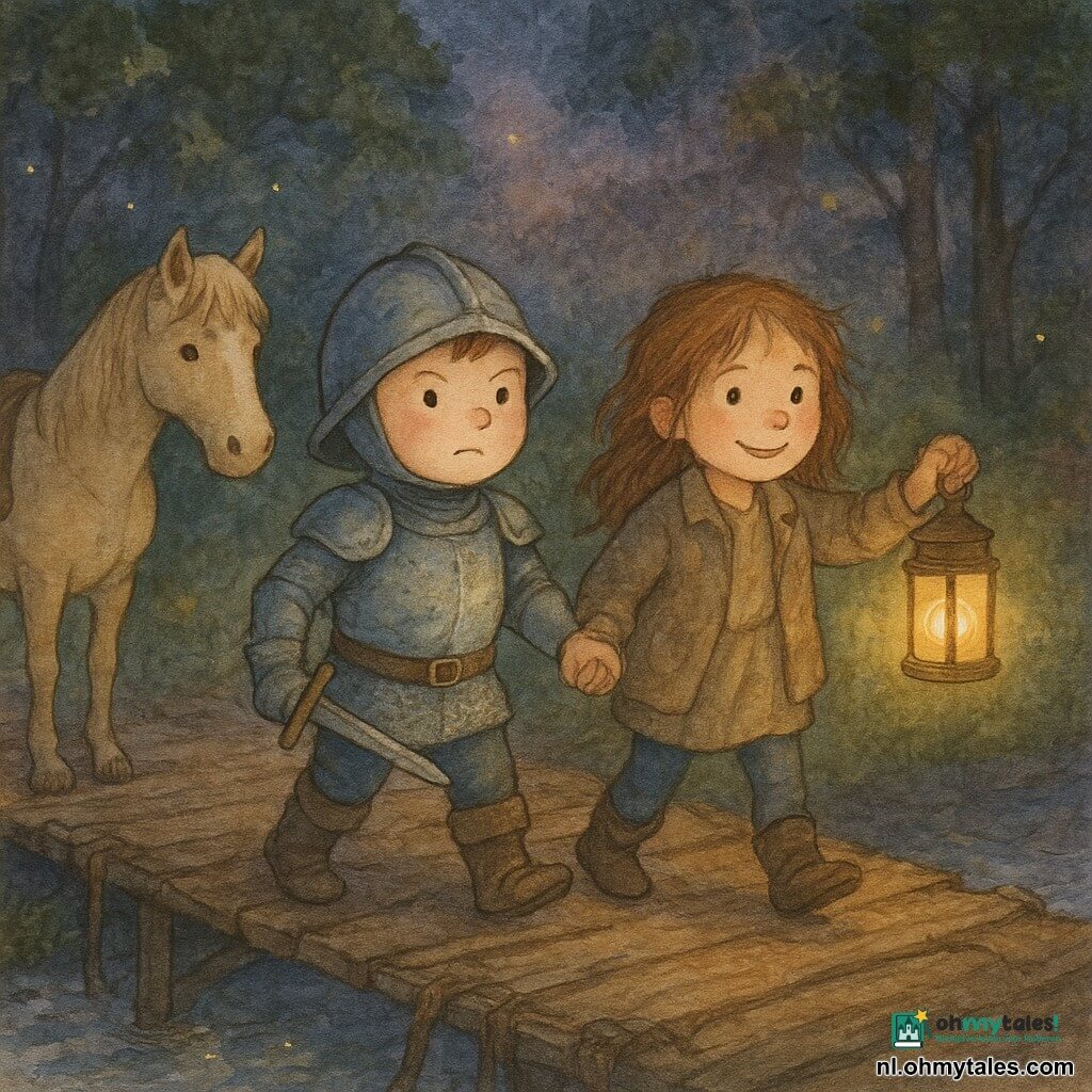 Bram, een jonge ridderjongen met een rond, vastberaden gezicht, draagt een licht deukend glanzend maliënkolder en een iets te grote helm, heeft een klein licht zwaard aan zijn gordel, houdt Mila stevig bij de hand en heeft een dappere, geconcentreerde blik, Mila, ongeveer 7 jaar, met warrig haar en een stoffige jas, draagt een lantaarn met zacht geel licht, glimlacht opgelucht en loopt naast Bram vlak achter zijn hand, Lente, het kleine roomkleurige paard met grote zachte ogen, staat bij de brugingang en snuffelt aan de lucht met een lichte zadeltas, de brug is oud en wiebelig met onregelmatige houten planken en rafelige touwen boven een rivier die in de schemering zilverkleurig glinstert, omringd door dicht bos met hoge stammen, diepgroene bladeren met paarse en gouden zonsondergangaccenten en enkele vuurvliegjes; hoofdscène: Bram helpt Mila voorzichtig de brug oversteken bij invallende nacht, de lantaarn werpt een warme halo op hun gezichten, zachte aquarelkleuren, fijne contouren, geruststellende avontuurlijke sfeer voor kinderen.
