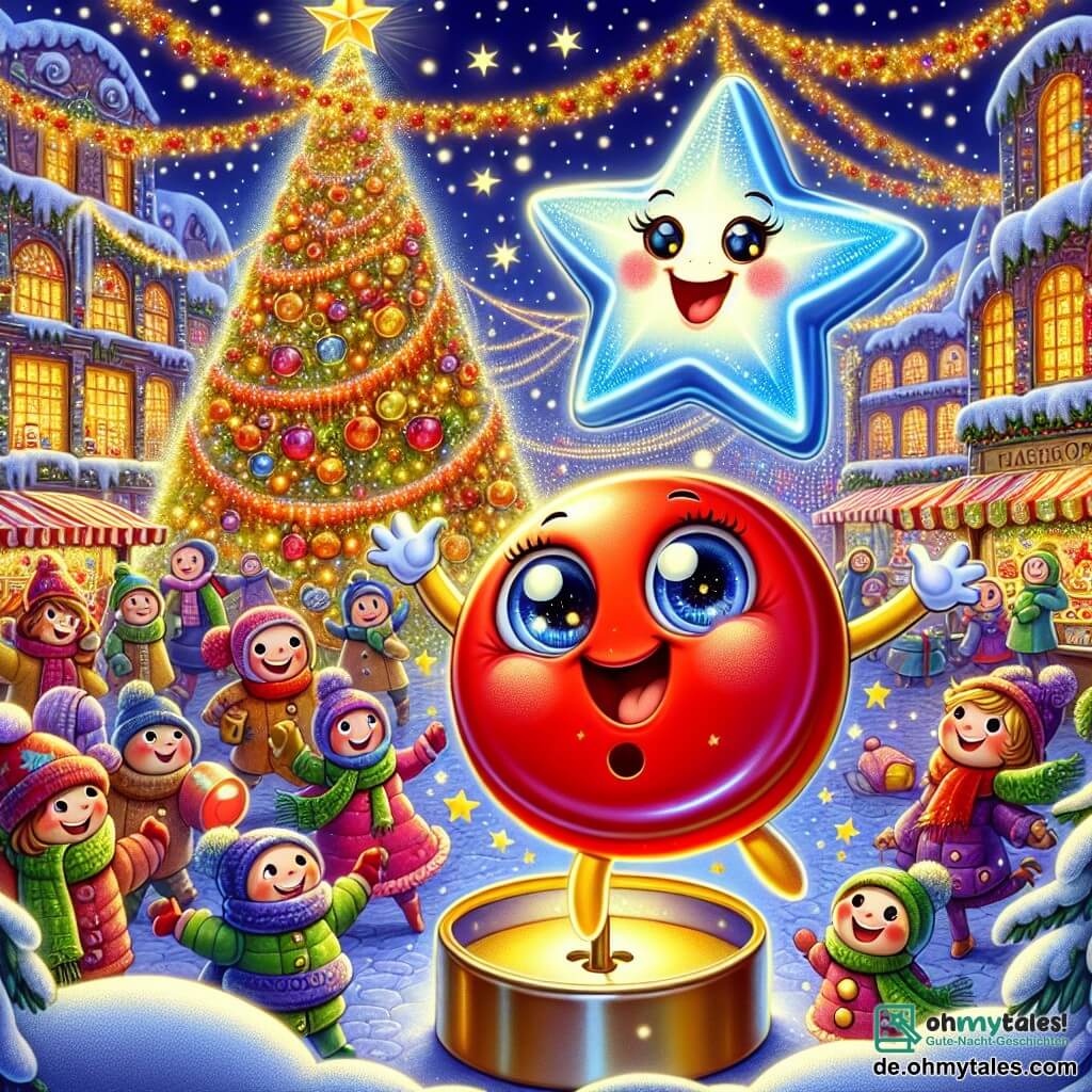 Ein kleiner roter Knopf mit goldenem Rand, dessen Augen vor Freude strahlen, rollt begeistert über einen lebhaften Weihnachtsmarkt, umgeben von funkelnden Lichtern und bunten Dekorationen. Er lächelt breit und ist voller Aufregung, während er sich darauf vorbereitet, die Magie von Weihnachten zu entdecken. An seiner Seite tanzt ein strahlender blauer Stern fröhlich in der Luft, mit einem lächelnden Gesicht und schelmischen Augen. Sie wirbelt um den Knopf und ermutigt die Kinder, Weihnachtslieder zu singen. Der Weihnachtsmarkt ist voller bunter Stände, geschmückt mit Lichtergirlanden und funkelnden Dekorationen. Sanfte Schneeflocken fallen vom Himmel und verleihen der festlichen Atmosphäre einen märchenhaften Touch, während Familien lachen und sich um einen großen, beleuchteten Weihnachtsbaum versammeln. Die Hauptszene zeigt den kleinen Knopf und den Stern, die vereint in ihrer Mission sind, die Freude von Weihnachten zu verbreiten, während sie die Passanten anregen, anzuhalten, zu lächeln und gemeinsam zu singen, was eine warme und festliche Stimmung schafft.