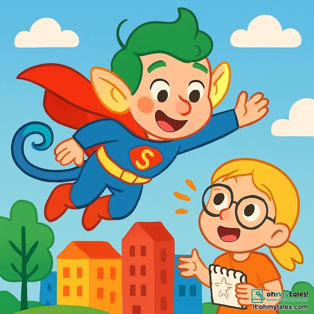 Super Leo è un uomo con capelli verdi brillanti, una lunga coda a spirale e grandi orecchie che brillano. Ha un sorriso gioioso e occhi scintillanti di eccitazione. Vola in aria, le braccia aperte, pronto ad aiutare i suoi amici. Accanto a lui, una bambina di 8 anni, di nome Mia, ha capelli biondi e occhiali rotondi. Guarda Super Leo con ammirazione, tenendo un piccolo taccuino da disegno tra le mani. Lo sfondo è una città colorata, con edifici dalle facciate vivaci, alberi con foglie danzanti e un cielo blu punteggiato di nuvole soffici. La scena principale mostra Super Leo pronto a tuffarsi verso il suolo, pronto a salvare la città che trema sotto i suoi piedi, mentre Mia lo incoraggia con entusiasmo.