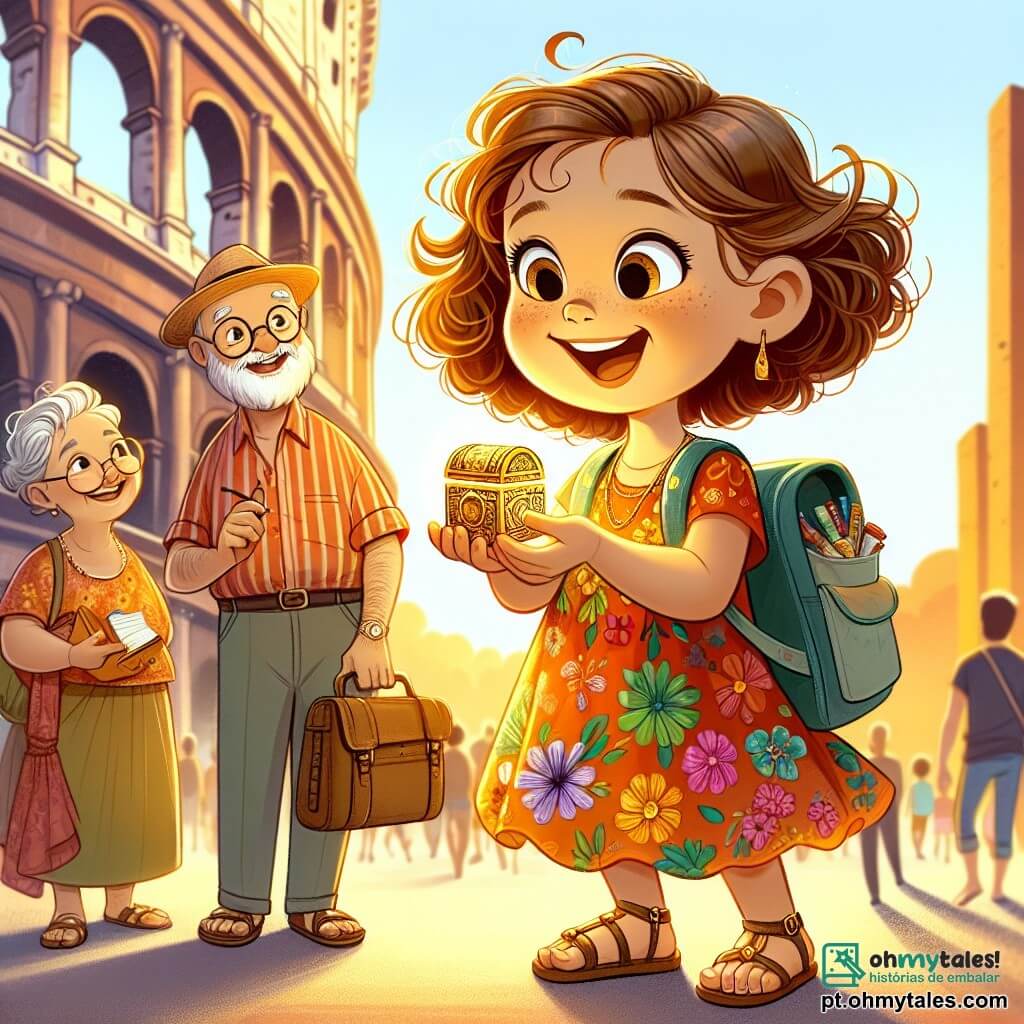 Uma menina de 4 anos, chamada Luísa, com grandes olhos brilhantes e cabelos cacheados castanhos, sorri alegremente enquanto segura uma pequena caixa dourada nas mãos. Ela usa um vestido colorido com flores e sandálias, parecendo maravilhada com sua descoberta. Ao seu lado, sua avó, Vovó Maria, de cerca de 65 anos, tem cabelos grisalhos e usa óculos redondos. Ela sorri ternamente para Luísa, segurando uma grande mochila cheia de tesouros. Vovô João, o avô de Luísa, com cerca de 70 anos, tem uma barba branca e usa um chapéu de palha. Ele olha para a menina com orgulho, segurando um caderno cheio de pistas para a caça ao tesouro. A cena acontece em frente ao majestoso Coliseu de Roma, com suas grandes arcos e pedras antigas, iluminado pela luz dourada do sol poente. Turistas passeiam ao redor, adicionando vida ao fundo. Luísa, radiante de felicidade, descobre seu último tesouro entre as ruínas históricas, cercada por seus avós que a incentivam e compartilham sua alegria.