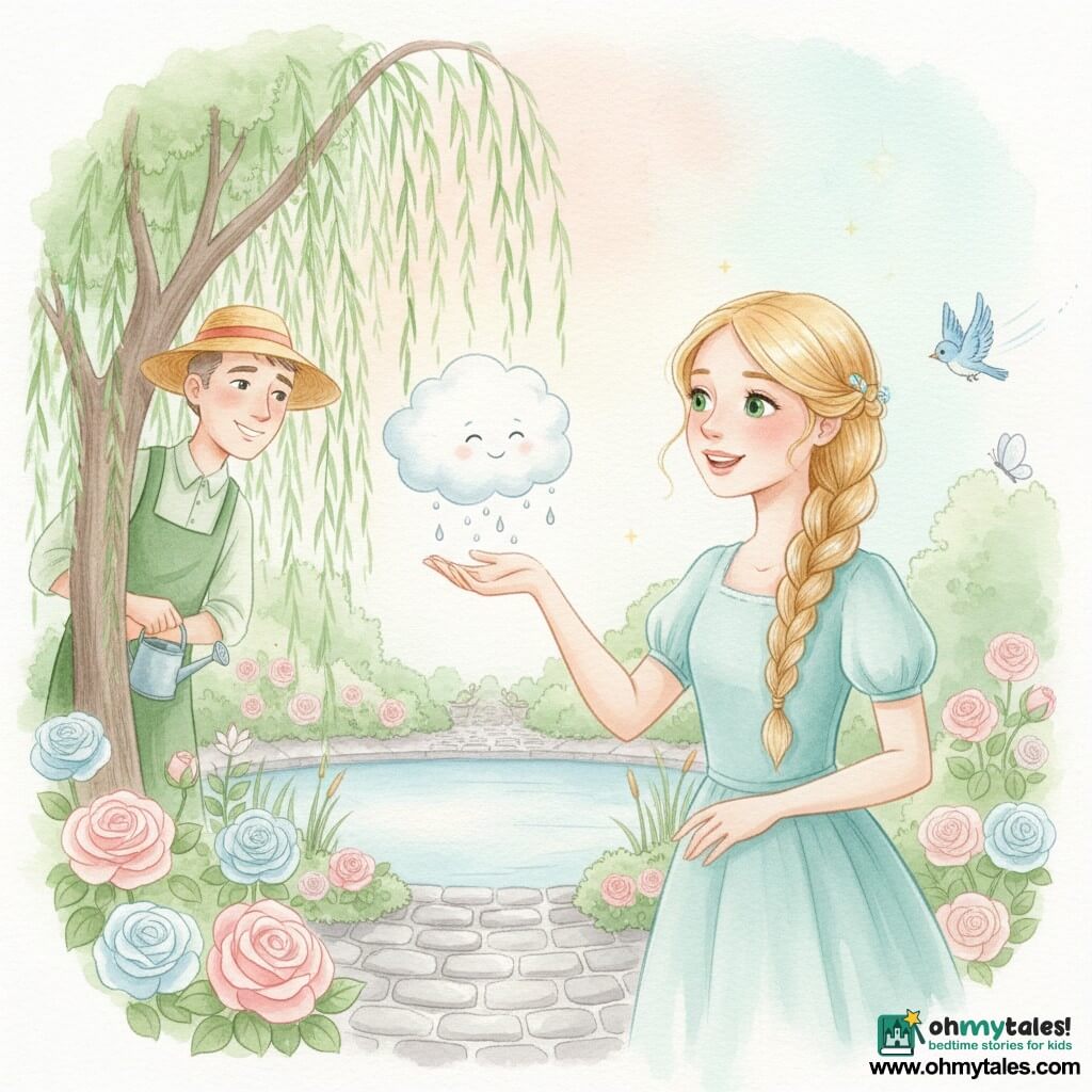 A gentle, smiling princess (girl about 12) with bright green eyes and braided blonde hair reaches toward a small, round cottony cloud while singing, in a calm, tender pose; the white cloud, dotted with tiny silver bead-like droplets, looks relieved and joyful. A gardener (man about 45) in a straw hat and green smock watches from behind a tree to the left, smiling and holding a small watering can. A blue bird and a small white butterfly flutter nearby with blurred wings. The secret garden has a silver-stone path, a mirror-like pond reflecting the sky, beds of pink and pale-blue roses, and a weeping willow with long green leaves. Soft, pastel watercolor light in peach-pink and mint-green with small touches of gold on the droplets. The scene: the princess sings with the cloud, which makes music for the flowers and birds, a serene, magical moment.