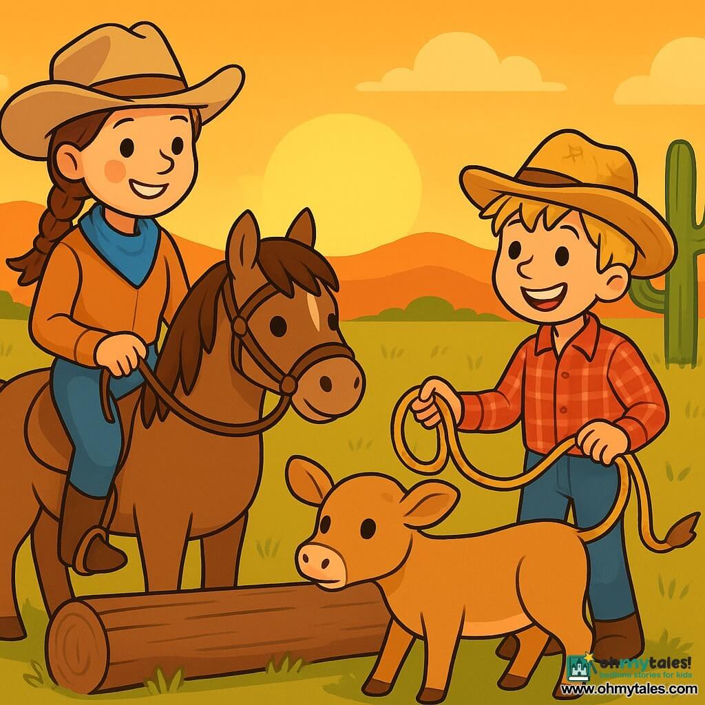 A smiling cowgirl, about 25 years old with brown hair in a braid, wears a beige cowboy hat and a bright blue scarf. She is riding a gentle brown pony named Button, who is attentively watching a small calf. Next to her, a young boy around 10 years old with messy blond hair wears a red checkered shirt and a straw hat. He holds a rope in his hands and smiles enthusiastically, ready to help. The setting is a vast prairie bathed in the golden light of the setting sun, with rolling hills on the horizon and green cacti standing like sentinels. The cowgirl and the boy are trying to guide a small calf across a log, creating a friendly and joyful atmosphere that reflects the spirit of cooperation and adventure in the Wild West.