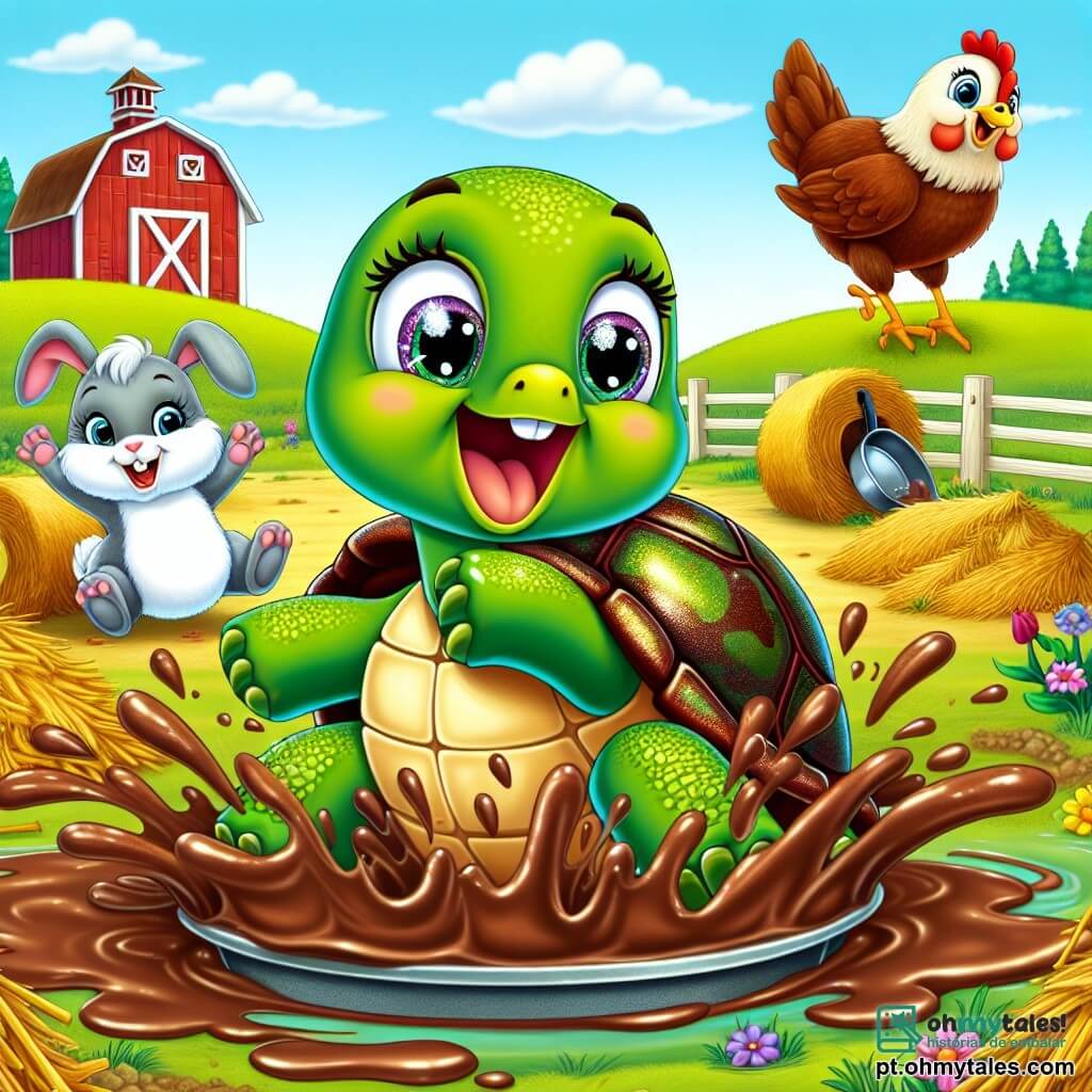 Uma tartaruga feliz chamada Tina, com um casco verde brilhante e olhos brilhantes de travessura, se prepara para deslizar sobre uma manga cheia de lama, com um grande sorriso no rosto. Ao lado dela, um coelhinho travesso chamado Riquinho, com grandes orelhas e pelagem branca, salta de alegria, suas patas traseiras no ar, pronto para incentivá-la. Perto dali, uma galinha ruiva chamada Lili, com penas brilhantes e um olhar determinado, se prepara para passar por um fardo de feno, com as asas abertas. A cena acontece em uma fazenda ensolarada, cercada por campos verdes e flores coloridas, com um grande celeiro vermelho ao fundo. Em primeiro plano, uma divertida corrida de obstáculos é montada, com fardos de feno, uma manga escorregadia e uma frigideira de ferro. A situação principal mostra Tina, a tartaruga, deslizando alegremente sobre a manga, espirrando lama ao seu redor, enquanto Riquinho e Lili a incentivam com risadas e gritos de alegria.