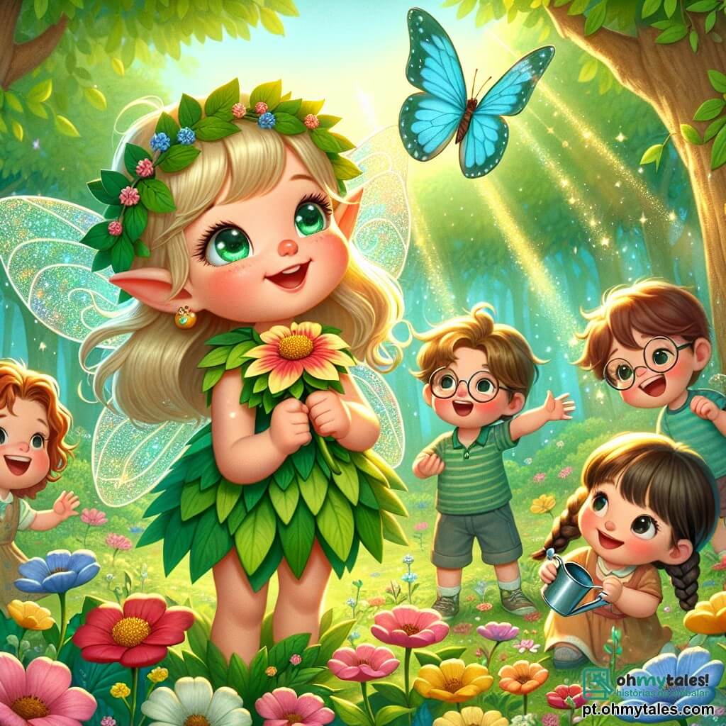 Lili, uma pequena fada com asas cintilantes e cabelos dourados, sorri alegremente segurando uma flor colorida, cercada de luz e magia. Ela usa um vestido verde feito de folhas e pétalas, e seu rosto expressa curiosidade e felicidade contagiante. Ao seu lado, um grupo de crianças, todas com expressões maravilhadas, observa uma linda borboleta azul que voa ao redor. Um menino de cabelos castanhos e óculos redondos aponta para a borboleta com um sorriso feliz, enquanto uma menina com tranças e vestido rosa segura um pequeno regador, pronta para regar as flores que acabaram de plantar. A cena acontece em uma floresta encantada, com grandes árvores verdes e flores coloridas no chão, criando um verdadeiro quadro de natureza viva. Raios de sol filtram pelas folhas, iluminando a paisagem com uma suave luz dourada. Lili e seus amigos estão plantando flores em um jardim que criaram, unindo forças para ajudar a natureza a prosperar, rindo e se encorajando mutuamente, cheios de entusiasmo e determinação para proteger o meio ambiente.