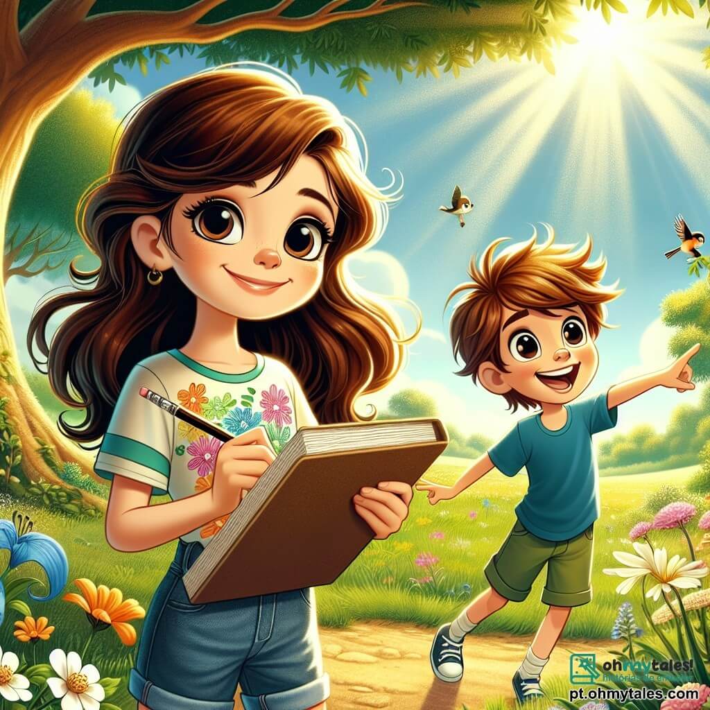 Uma menina de 12 anos, Ana, com longos cabelos castanhos e óculos redondos, expressa grande curiosidade e alegria. Ela usa uma camiseta colorida com um padrão de flores e um short jeans, segurando um caderno em uma mão e um lápis na outra, pronta para desenhar as maravilhas da natureza ao seu redor. Ao lado dela, Lucas, um garoto de 11 anos com cabelos castanhos bagunçados e um sorriso radiante, aponta para uma linda flor que acabou de descobrir. Ele veste uma camiseta azul e um short verde, e parece tão animado quanto Ana. O lugar é um parque verdejante, banhado por uma luz dourada, com árvores majestosas, flores coloridas e um céu azul salpicado de nuvens brancas. Pássaros cantam alegremente nos galhos, e um caminho de terra serpenteia pela grama. A cena principal mostra Ana e Lucas em plena exploração, cercados pela beleza da natureza, enquanto descobrem juntos tesouros escondidos, aprendendo a equilibrar seu tempo entre a tecnologia e o mundo real.