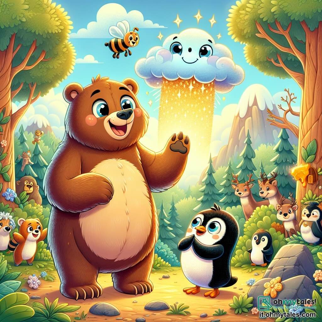 Un grande orso bruno, con occhi scintillanti di curiosità e un ampio sorriso sul volto, si trova al centro della scena, tenendo una nuvola di miele scintillante sopra la testa, irradiante di orgoglio ed eccitazione. Accanto a lui, un piccolo pinguino dalle piume bianche e nere, con uno sguardo ammirato e le ali aperte, applaude gioiosamente, in piedi su una pietra a destra dell'orso. Sullo sfondo, una foresta verdeggiante e soleggiata, piena di alberi maestosi con foglie brillanti, e animali della foresta riuniti attorno, tutti affascinati dalla scena, creando un'atmosfera festosa e gioiosa. La scena principale mostra l'orso e il pinguino che celebrano la loro vittoria nella sfida del "Gioco delle Nuvole", circondati da amici animali, tutti stupiti dalla magnifica nuvola di miele che fluttua nell'aria.