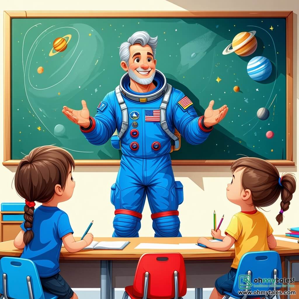 An astronaut named Caleb stands in a colorful classroom, wearing a warm smile. He is dressed in a blue spacesuit adorned with the space agency's emblem, and his graying hair adds a touch of wisdom. He is enthusiastically telling a fascinating story to the children. Nearby, a ten-year-old girl named Lucy, with braided brown hair and round glasses, raises her hand with curiosity, while a ten-year-old boy named Tom, with messy blonde hair, sits on the edge of his chair, wide-eyed and captivated by the astronaut's tales. The bright classroom features walls decorated with posters of planets and rockets, a large window letting in sunlight, and a blackboard filled with drawings of stars and galaxies. The main scene shows Caleb sharing his space adventures, engaging the audience with expressive gestures, while the children are immersed in the wonder and excitement of space exploration.