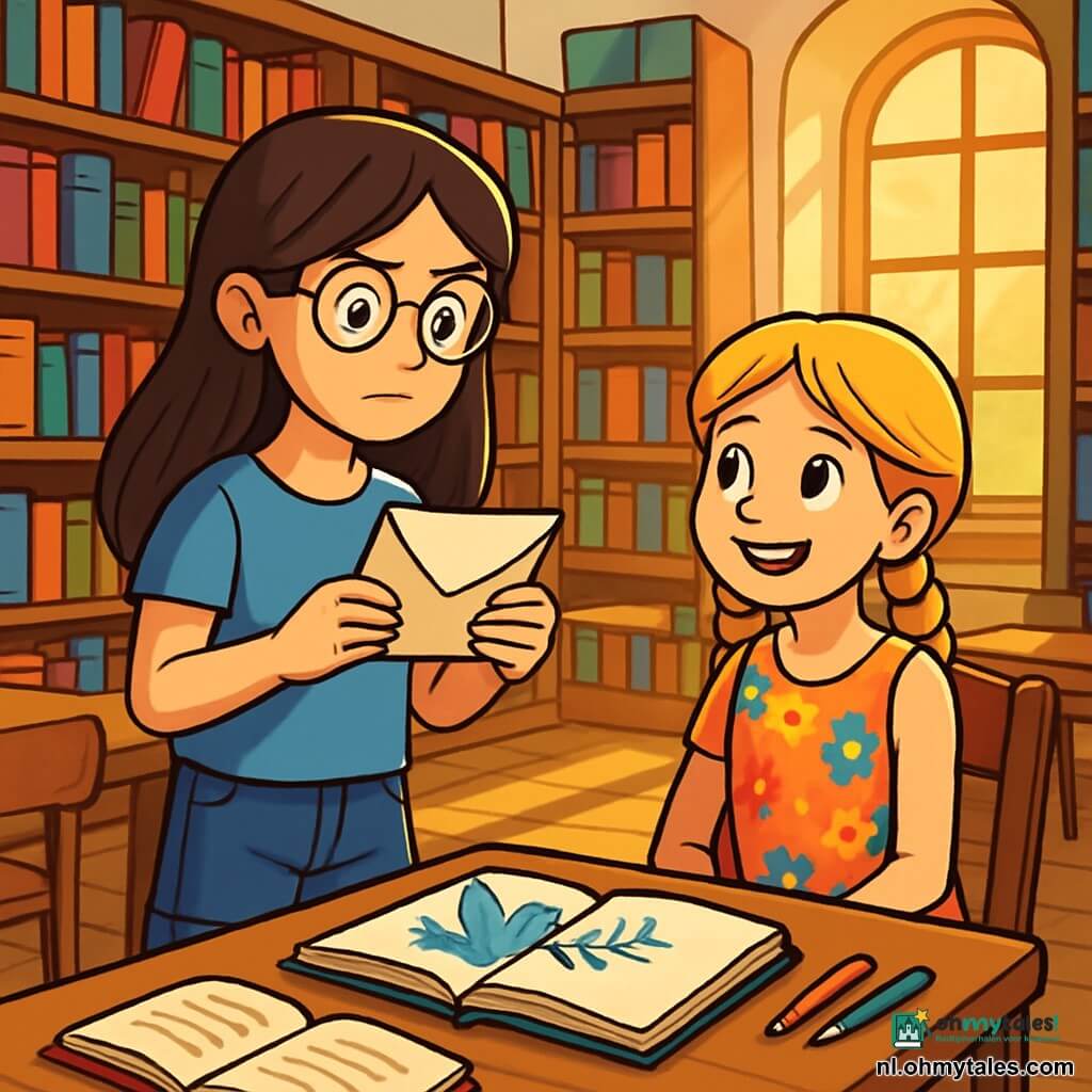 Er zijn 2 hoofdpersonages: - Emma: een 12-jarig meisje met lang bruin haar en ronde bril. Ze draagt een blauwe t-shirt en een spijkerbroekshort. Ze staat rechtop met een brief in haar handen, met een nieuwsgierige en vastberaden blik. - Sarah: een 12-jarig meisje met blonde vlechten en een kleurrijke bloemenjurk. Ze zit op een stoel, glimlachend, terwijl ze enthousiast naar Emma kijkt. De situatie speelt zich af in een oude bibliotheek, met grote houten planken vol boeken met kleurrijke covers. Het zonlicht valt door de ramen en creëert gouden patronen op de houten vloer. Houten tafels zijn rondom geplaatst, met open boeken en verspreide potloden. De hoofdactie van het verhaal toont Emma en Sarah, verdiept in het lezen van een boek over vrede, omringd door boeken en licht. Emma leest hardop met een geconcentreerde uitstraling, terwijl Sarah aandachtig luistert, met een glimlach op haar gezicht, wat hun vriendschap en verlangen om samen te leren symboliseert.