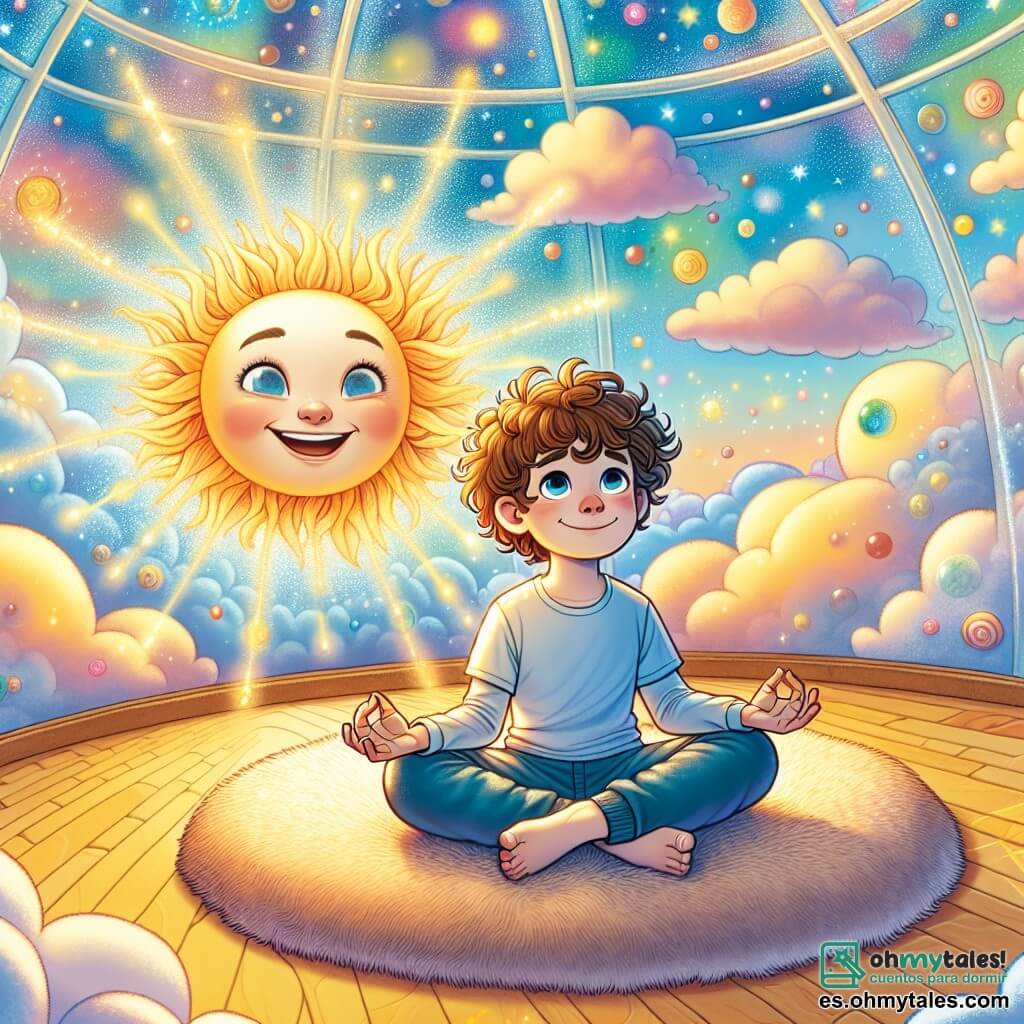 Un niño de 10 años, con cabello castaño y rizado, está sentado en posición de loto sobre una alfombra suave, su rostro irradia serenidad y curiosidad. Sus ojos brillan de asombro y una ligera sonrisa ilumina sus labios. A su lado, un rayo de sol sonriente, con forma humana y rasgos suaves, danza alegremente en el aire, proyectando destellos dorados a su alrededor. El lugar es un domo transparente, flotando en un cielo azul pastel, lleno de colores vivos que se reflejan en las paredes como olas de luz. Nubes esponjosas flotan suavemente afuera, mientras hojas doradas giran en la suave brisa. La escena principal muestra al niño y al rayo de sol en plena sesión de respiración, el niño inhalando profundamente, con los brazos abiertos, mientras el rayo de sol lo anima con destellos de luz cálida, creando una atmósfera de paz y bienestar.