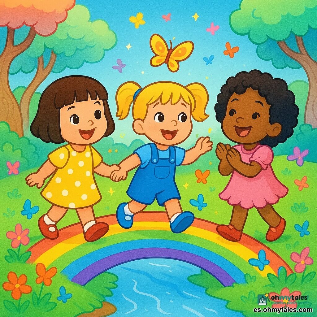 Tres niñas de 2 años: Ana, pelo castaño corto liso, vestido amarillo con lunares blancos, sonríe y sostiene la mano de Bea a la izquierda; Bea, rubia con coletas, lleva peto azul, en el centro extiende la mano hacia una mariposa; Carmen, morena con rizos, vestido rosa con volantes, aplaude a la derecha. Están cruzando tomadas de la mano un puente arcoíris sobre un pequeño río en un bosque mágico de troncos retorcidos y hojas pastel, pradera verde con mariposas coloridas como confeti. Escena alegre y aventurera: risas, mariposas revoloteando y destellos de luz multicolor, colores saturados, contornos suaves y expresiones ingenuas.