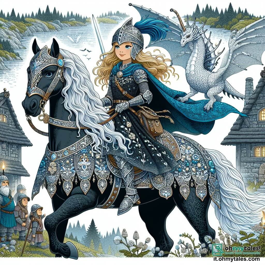 In primo piano, una giovane cavalleressa, Lady Elara, si erge fiera sul suo destriero nero di nome Sable. Indossa un'armatura scintillante decorata con motivi floreali, con un lungo mantello blu che fluttua nel vento. Il suo viso, determinato e coraggioso, è parzialmente coperto da un elegante elmo, ma i suoi occhi brillano di un'aura di valore. Brandisce una spada scintillante, pronta a difendere il suo regno. Accanto a lei, un maestoso drago di luce, con squame luccicanti come diamanti, fluttua nell'aria. I suoi occhi saggi e benevoli osservano attentamente il campo di battaglia, pronti a intervenire per aiutare Elara. Sullo sfondo, un antico villaggio di pietra si erge su una collina, con case grigie dai tetti coperti di muschio. I villaggi, uomini e donne di tutte le età, guardano con speranza e ammirazione, alcuni sollevando le braccia per incoraggiare la loro eroina. La scena si svolge in una foresta incantata, dove la luce del sole filtra tra gli alberi maestosi, creando ombre danzanti sul terreno. Fiori colorati sbocciano intorno, aggiungendo un tocco di magia all'ambiente. La situazione principale mostra Lady Elara, pronta ad affrontare il male, con il drago al suo fianco, mentre si dirigono verso il campo del Sinistro Signore delle Ombre, determinati a proteggere il loro regno e ripristinare la pace.