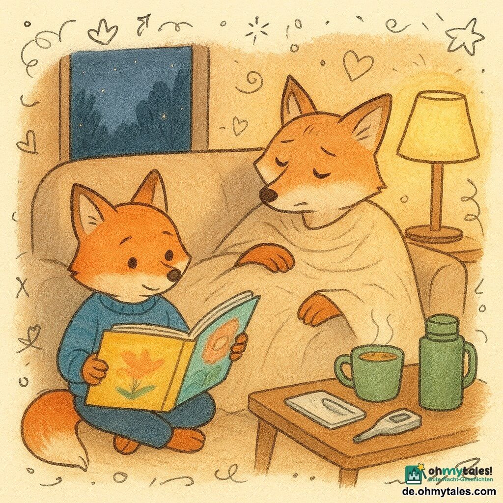 Fips, ein kleiner anthropomorpher roter Fuchs mit rundem Gesicht und sanften Augen, ruhig und aufmerksam, trägt einen blau geringelten Pullover und hält ein großes, buntes aufgeschlagenes Buch auf den Knien, sitzend neben dem Sofa; die Mutter, ein erwachsener Fuchs mit hellerem, weicherem Fell, wirkt müde aber getröstet, liegt unter einer beigen Wolldecke mit einer Pfote von Fips gehalten; auf dem kleinen Couchtisch stehen ein grüner Thermos, eine dampfende Suppe, ein Thermometer und ein Notizbuch als Hinweise auf Pflege; eine Nachttischlampe strahlt warmes, gedämpftes Gelblicht mit runden Schatten und einem gemütlichen Halo über dem Sofa; im Fenster die Nacht mit Baumsilhouetten und einem sternklaren Himmel, dazu leichte Doodles von Herzen und Sternen; Hauptsituation: zärtliches Vorlese am Krankenbett der Mutter, intime, warme und tröstliche Stimmung, farbiges Rendering mit weichen Linien, Filz- und Aquarelltexturen und warmer Farbpalette (Ocker, Rotbraun, sanftes Blau, Beige).