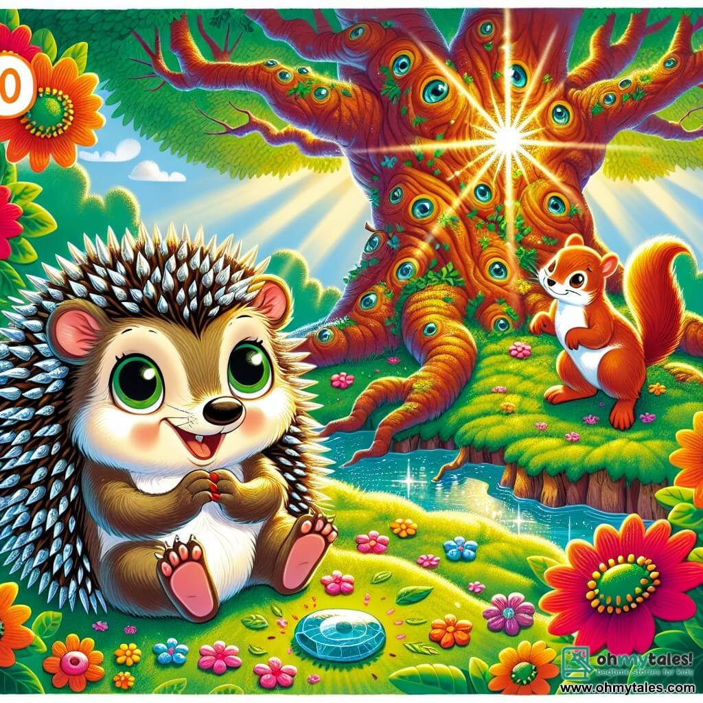 A little hedgehog named Hazel, with shiny quills tipped in silver, looks on with round, curious eyes, her face expressing joyful determination. She is sitting on a carpet of green moss, surrounded by vibrant, colorful flowers. Next to her, a mischievous squirrel named Pip, with a bushy tail and sparkling eyes, stands on his hind legs, ready to join her on the adventure. In the background, a tall ancient tree with gnarled branches rises, its leaves dancing in the wind, while a shimmering stream sparkles under the sun, creating a magical atmosphere. The scene captures the moment when Hazel and Pip discover the colorful leaf map, ready to guide them on their quest for the Moonstone, filled with excitement and mystery.