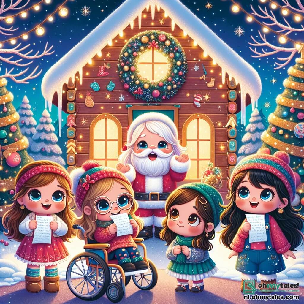In een magische kerstscène staan vier kleine meisjes voor de deur van de grote chalet van de Kerstman. Lila, een vierjarig meisje met lange bruine haren en een mooie rode sjaal, glimlacht vrolijk terwijl ze een brief vasthoudt. Noor, een vierjarig meisje met blond haar en ronde bril, zit stralend van blijdschap in haar mooie rolstoel. Tess, een vierjarig meisje met krullend kastanjebruin haar en een groene muts, steekt opgewonden haar armen in de lucht. Sam, een vierjarig meisje met steil zwart haar en een blauwe trui, kijkt verwonderd naar de chalet. De chalet is versierd met fonkelende lichtjes en omringd door sprankelende sneeuw, met kerstbomen versierd met kleurrijke slingers. De vier vriendinnen zijn klaar om hun brief aan de Kerstman te overhandigen, waarin ze hun wens uiten om een vriend gelukkig te maken, in een warme en feestelijke sfeer.