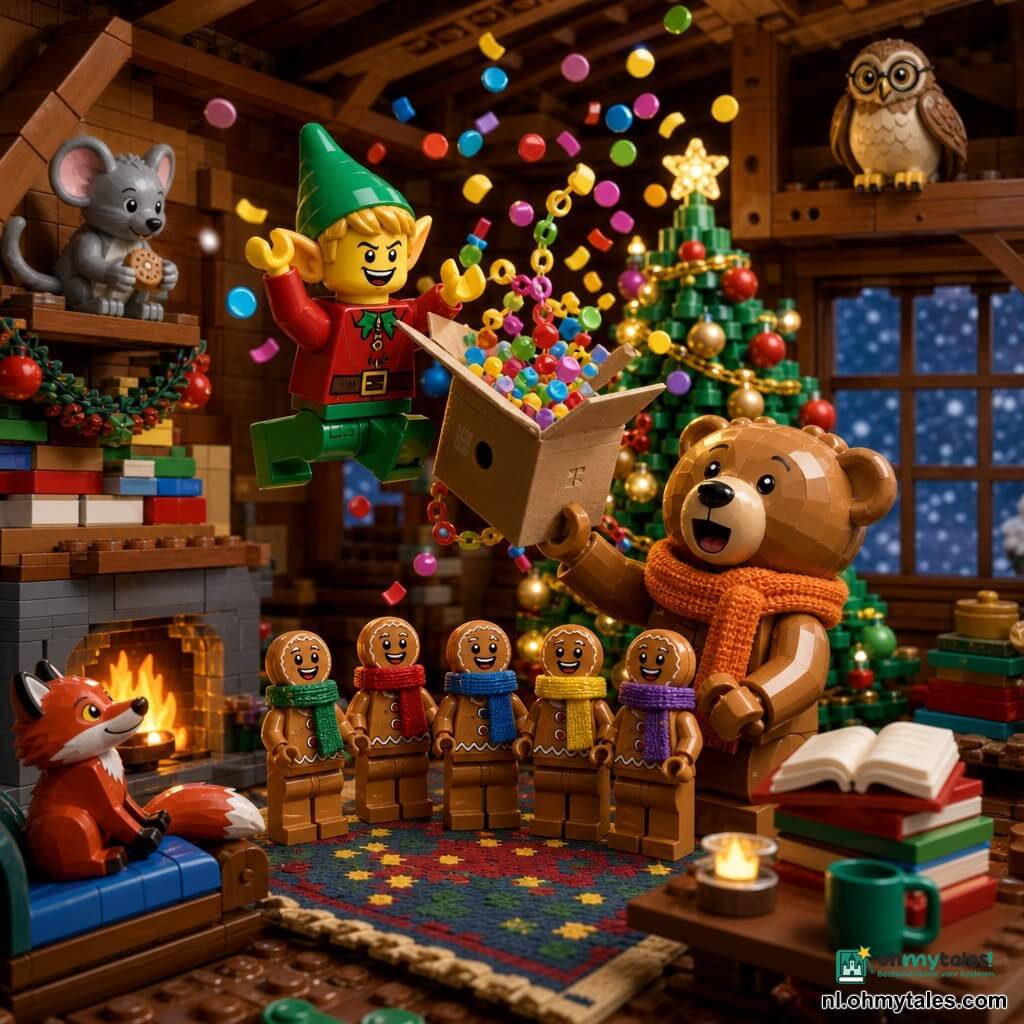 Ondeugende kabouter (kleine elf) met rond gezicht, ondeugende ogen, grote puntoren, groene muts en rode mantel, springt en strooit confetti en kleurrijke slingers uit een open kartonnen doos; Beer Bram, grote teddybeer in LEGO-stijl met dikke gebreide oranje sjaal, verbaasde en blije uitdrukking, houdt de omgevallen doos vast; vijf kleine peperkoekmannetjes (mini-LEGO) met sjaaltjes vormen een vrolijke rij bij de kerstboom; een klein grijs muisfiguurtje op een plank, verlegen maar glimlachend met een koekje; een vosfiguurtje op een kussen, geamuseerd; een oude ronde uil met bril op de balk, vriendelijke blik; interieur van een miniatuur houten chalet met versierde kerstboom (rode en gouden ballen, lichtslingers), stapels kleurrijke boeken, patroonkleed, haard met zachte vlam en raam met sneeuwvlokken; hoofdscène: verrassing en feest, vliegende confetti, zingende ogende boeken, warme verlichting en gezellige, blije sfeer; visuele stijl: nette LEGO-diorama, felle kleuren, glanzende plastic texturen, warm licht en zachte contrasten, compositie gecentreerd op de kabouter en de doos.
