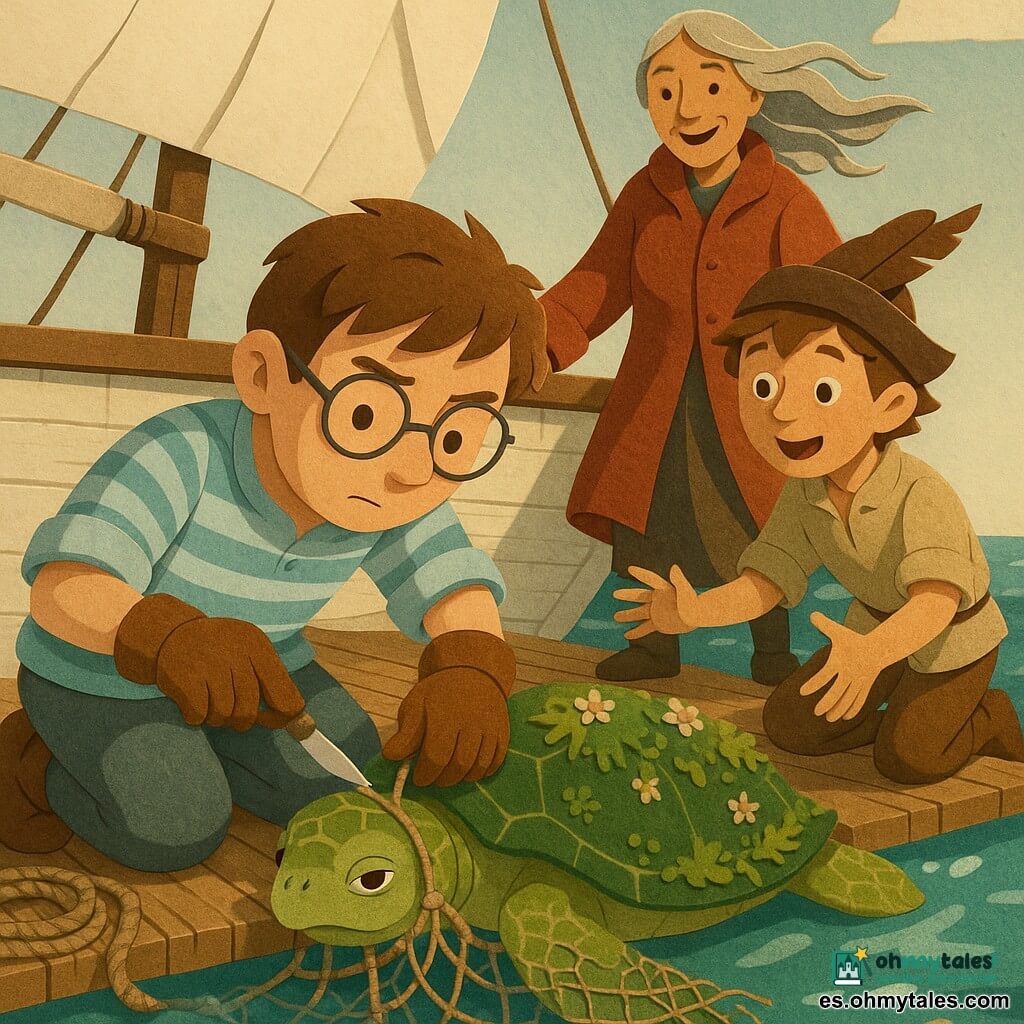 Mateo, joven adulto de rostro redondo y gafas, concentrado y decidido, con camisa a rayas azul claro y guantes de cuero, corta nudos de un viejo filete para liberar a Marea, una gran tortuga marina verde con algas y flores marinas en el caparazón; Lena, mujer adulta de cabello gris trenzado y abrigo rojo, estabiliza la goleta desde la popa, y Blas, niño de unos 10 años con gorro y pecas, ofrece una manta; escena en el puente de madera de una goleta de velas blancas, agua turquesa agitada y luz cálida del sol durante el rescate.