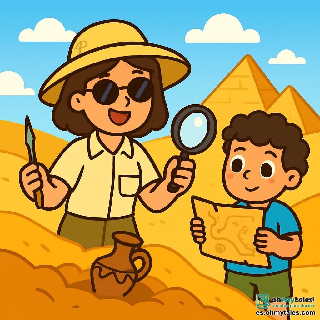 Una arqueóloga llamada Sofía está de pie en medio de un desierto dorado, con una gran sonrisa de emoción en su rostro. Lleva un sombrero de paja amplio, una blusa beige y gafas de sol, mientras sostiene una brocheta en una mano y una lupa en la otra. A su lado, un niño de 8 años, su asistente, tiene el cabello rizado y lleva una camiseta azul con un short caqui. Observa atentamente un mapa antiguo, con los ojos brillantes de curiosidad. Al fondo, se alzan majestuosas pirámides de piedras doradas, bajo un cielo azul brillante con algunas nubes blancas. Sofía está descubriendo un antiguo artefacto enterrado en la arena, rodeada de dunas ondulantes que brillan bajo el sol.