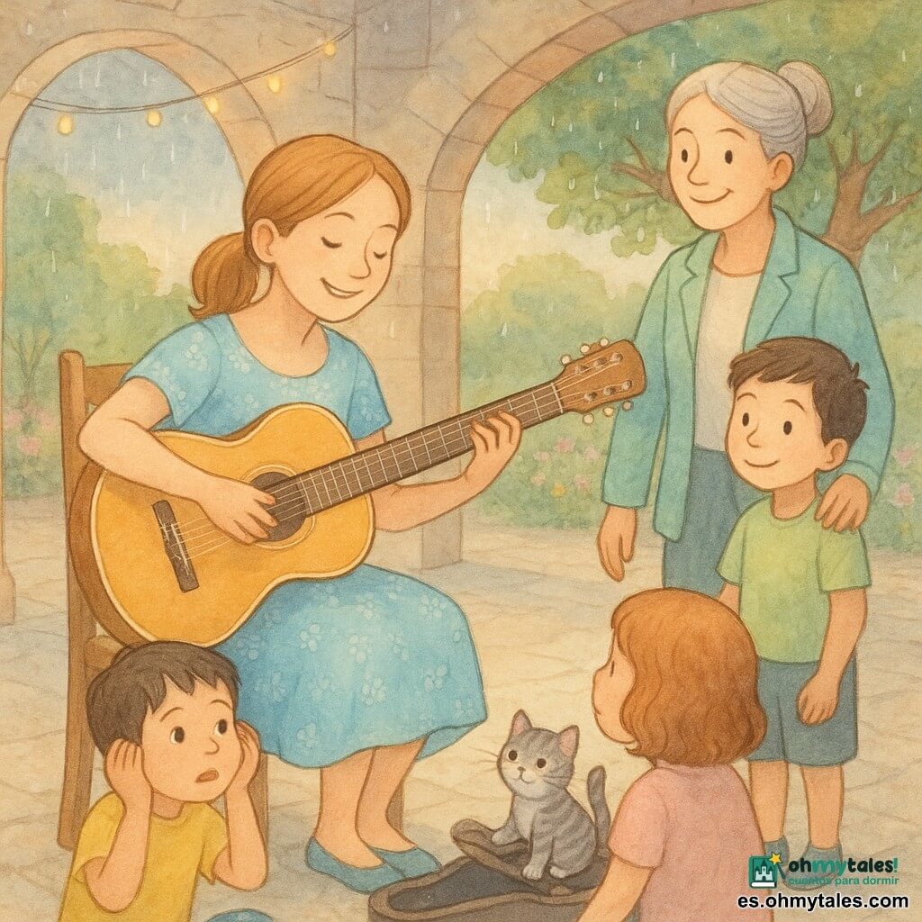 Clara (mujer joven, ~20 años): feliz y serena, pelo castaño claro recogido en coleta baja, vestido azul pálido de flores, sentada en una silla de madera tocando suavemente una guitarra acústica brillante, mirada amable y sonrisa dulce; Lucas (niño ~8 años): sorprendido pero tranquilo, pelo corto castaño, camiseta amarilla, sentado al frente a la izquierda con las manos cerca de las orejas; Pilar (profesora ~35 años): sonriente y orgullosa, pelo gris platino en moño, chaqueta menta, de pie a la derecha junto a un gran roble con la mano en el hombro de un niño; Rayas: pequeño gato gris y blanco sobre la funda de guitarra abierta en el suelo, pata levantada; lugar: patio escolar de piedra con suelo de losas claras, grandes arcos a un jardín florido, guirnaldas colgadas, lluvia ligera en el tejado y luz cálida de tarde; escena: Clara toca una melodía baja y apacible mientras los niños la escuchan en círculo, manos levantadas en lugar de aplausos, atmósfera tierna y protectora; estética: paleta pastel (azules, verdes salvia, amarillos suaves, toques de rosa) y textura tipo acuarela con finos contornos y reflejos en la guitarra.