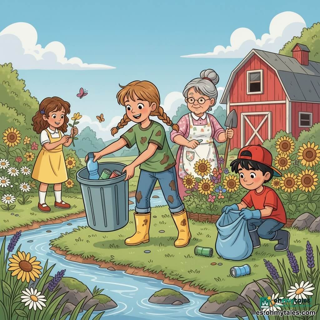 Niña de unos 10 años, alegre y decidida, trenzas castaño claro, camiseta verde manchada de tierra, vaqueros cortos y botas de goma amarillas, sostiene un cubo grande de plástico y recoge una botella junto al arroyo; una abuela de ~65 años, sonrisa dulce, cabello gris recogido, delantal floral, sostiene una pala de madera y señala dónde depositar los desechos, junto a un macizo de flores; Pedro, niño ~10 años, pelo negro corto y gorra roja, con guantes azules abre una bolsa de basura mientras recoge latas agachado a la derecha; Ana, niña ~9–10 años, pelo castaño rizado y vestido amarillo, recoge una flor con asombro a la izquierda junto a margaritas; lugar: arroyo claro entre rocas musgosas, orillas con hierbas altas y jardín de girasoles, lavandas y margaritas, granero rojo al fondo bajo cielo azul con nubes; acción: los niños limpian el arroyo y plantan flores, gestos dinámicos (recoger, llenar bolsas, plantar), plásticos presentes pero la naturaleza vuelve con mariposas coloridas; estilo: colores vivos, contornos nítidos tipo dibujo animado de los 90, expresiones exageradas y ambiente optimista y luminoso.