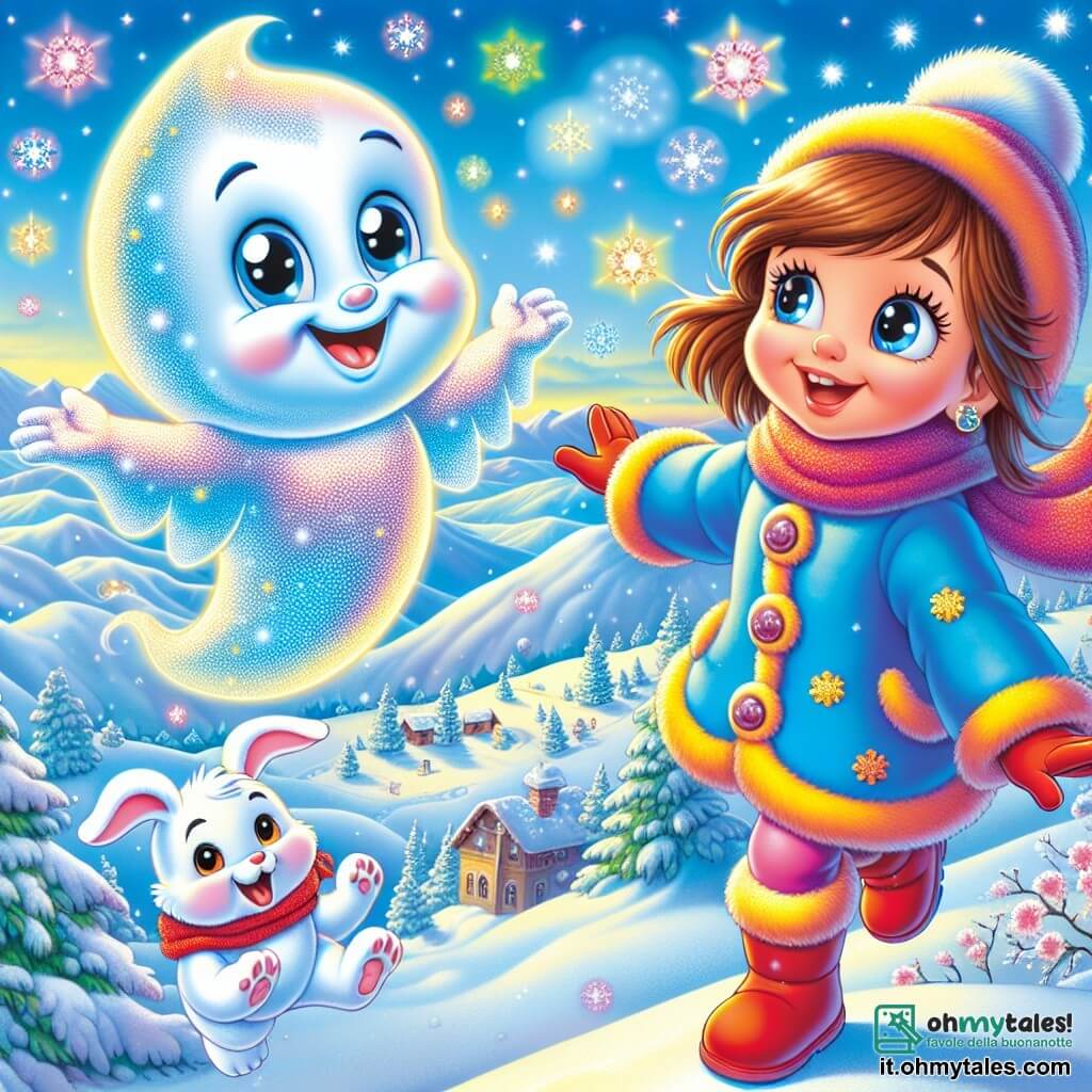 Un fantasma amichevole di nome Gino fluttua nell'aria, con un corpo traslucido e scintillante, gli occhi pieni di gioia e un grande sorriso caloroso. Fa delle pirouette nella neve, circondato da fiocchi di neve che danzano intorno a lui. Accanto a lui c'è Lila, una bambina di 8 anni con capelli castani e occhi curiosi, che indossa un cappotto blu acceso e stivali rossi, guardando Gino con meraviglia, le braccia aperte come se volesse prenderlo. Un coniglietto bianco di nome Fufu, con grandi orecchie e occhi rosa, salta gioiosamente vicino a Lila, le zampette che affondano nella neve. La scena si svolge sulla cima di una montagna innevata, dove la neve brilla sotto il sole, creando un paesaggio incantato con cristalli scintillanti e alberi coperti di brina. Lila e Gino celebrano la scoperta della magia della montagna, circondati da fiocchi di neve che vorticano intorno a loro, mentre Fufu salta di gioia, creando un'atmosfera di felicità e meraviglia.