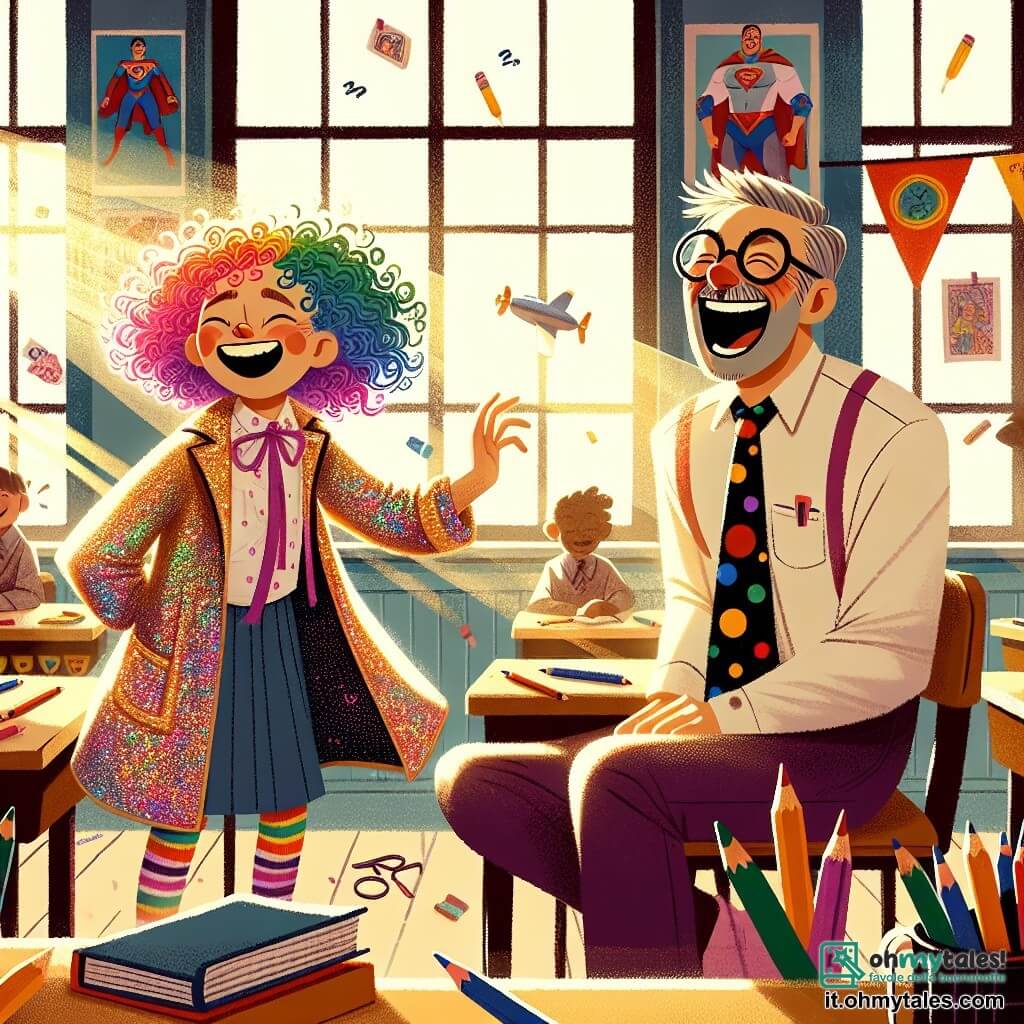 Lilla, una giovane con capelli ricci e colorati come un arcobaleno, indossa un mantello scintillante e ha un grande sorriso sul volto. Sta facendo il solletico in un'aula luminosa, circondata da risate. Il direttore, un uomo di mezza età con una cravatta a pois e occhiali rotondi, è seduto sulla sua sedia, ridendo a crepapelle, le braccia alzate. Sembra sorpreso e divertito dal potere comico di Lilla. L'aula è decorata con poster colorati di supereroi, con banchi in legno e finestre che lasciano entrare il sole. Matite e libri sono sparsi sui tavoli, dando vita all'ambiente. Lilla, con il suo potere di far ridere, provoca risate contagiose mentre il direttore, colto di sorpresa, cade dalla sedia in un momento di pura comicità.