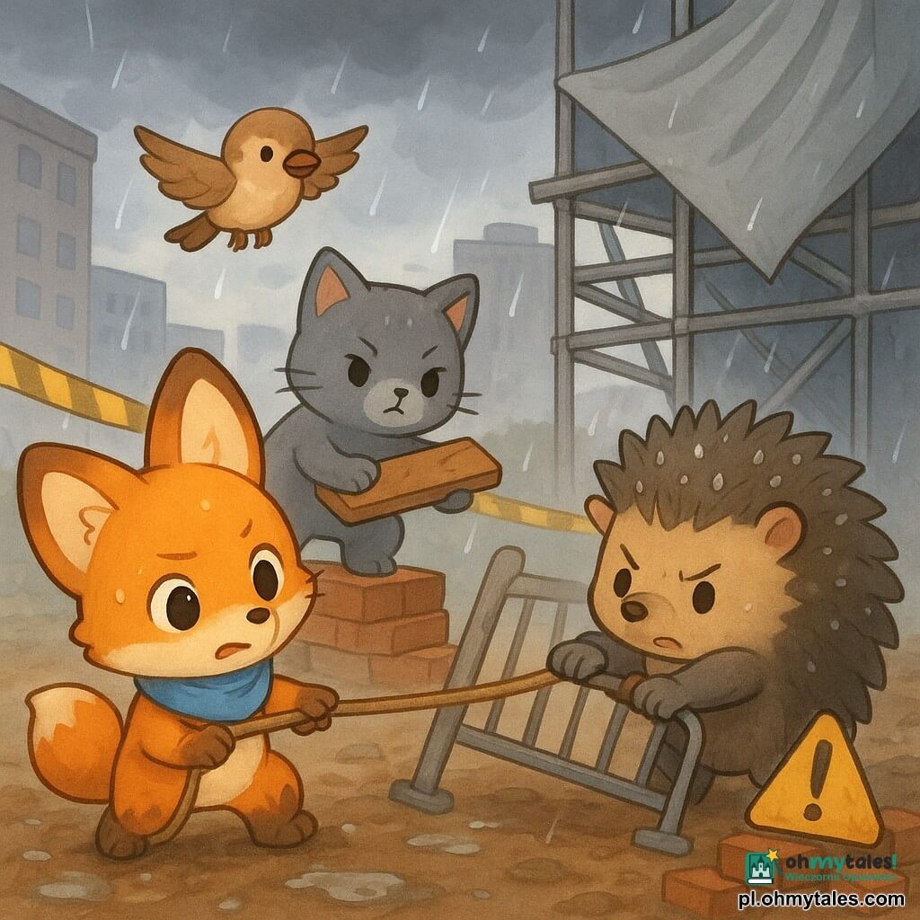 Chibi lis o rudo-jasnobrązowym futrze, dużych zaokrąglonych uszach i wyrazistych oczach, zdeterminowany i lekko zaniepokojony, z mokrym niebieskim szalikiem i błotnymi łapkami trzyma linę, by przymocować plandekę do rusztowania; obok robusty jeż (Hektor) z błyszczącymi od deszczu kolcami, skupiony, pcha przekrzywioną metalową barierę, kotka (Pusia) o jedwabistej szarej sierści stoi na stosie cegieł, trzyma zgnieciony karton i podkłada deskę, a mały wróbelek (Wróbelek) z jasnobrązowym upierzeniem leci nad sceną i wskazuje dziobem uciekającego psa; miejsce: błotnisty plac budowy między kamienicami z kałużami, żółtą taśmą ostrzegawczą, przewróconymi wiadrami i stalowym rusztowaniem z trzepoczącą szarą plandeką, niebo ciężkie od ciemnych chmur; sytuacja: mała ekipa bohaterów zabezpiecza plac budowy w deszczu, szybkie skoordynowane ruchy, napięcie przeobrażone we współpracę, błyszczące krople i rozbryzgi.