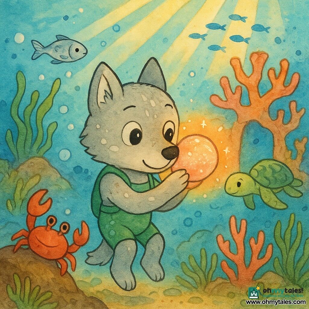 Anthropomorphic child wolf with light gray fur and white patches, big curious eyes and a calm, amazed expression, wearing a small green wetsuit and floating in the foreground holding a shiny shell to his ear; a round, smooth jewel-like shell with a pearly peach-pink surface emits a warm, sparkling glow like a whispering friend; a small slender silver fish with shimmering scales swims just behind leaving a trail of silver bubbles; a red-shelled crab stuck on a rock to the left among seaweed raises a claw but looks relieved and grateful; a sea turtle with a soft green-brown shell and wise, tranquil eyes floats near the coral gateway in the background; colorful underwater setting with two pink-orange coral towers forming a gate, a ribbon of green seagrass, golden sunbeams, schools of tiny fish like confetti and rising translucent bubbles; main scene: the wolf has reached the coral gateway as the shell begins to glow, casting soft light on the corals and animals' faces in a serene, magical moment centered on the meeting of the wolf, the glowing shell and the coral gate.