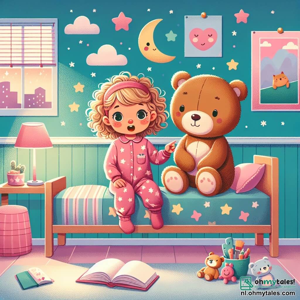 In een warme kamer zit Lotte, een tweejarig meisje met krullend blond haar, in een roze pyjama met sterren op haar bed. Ze heeft een bezorgde blik op haar gezicht en haar benen gekruist. Naast haar zit Max, een grote bruine knuffelbeer, met een geruststellende glimlach en glinsterende ogen. Hij zit tegenover haar, met zijn voorpoten op het bed, klaar om te zingen. De kamer is versierd met pastelwanden en posters van wolken en glinsterende sterren. Een zachte gloed komt van een nachtlampje in de vorm van een maan, dat zachte schaduwen op de muren werpt. Op het nachtkastje ligt een open verhaalboek en kleurrijke speelgoedjes liggen verspreid over de vloer. Lotte en Max zingen samen een zacht liedje om de angst voor het donker te verdrijven. Lotte glimlacht nu, terwijl Max haar aanmoedigt met zijn warme aanwezigheid. De sfeer is rustgevend, vol magie en tederheid, en laat zien dat vriendschap de angst kan overwinnen.