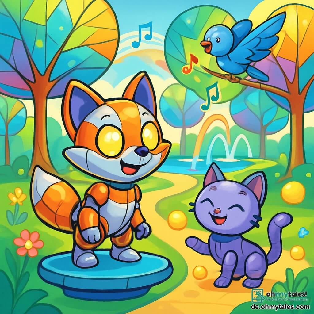 Ein kleiner Robo-Fuchs namens Lumos, mit glänzendem, metallischem Fell in Orange und Silber, zeigt große Neugier mit seinen leuchtenden, funkelnden Augen. Er steht auf einer schwebenden Plattform und schaut fasziniert auf einen futuristischen Park, in dem die aus buntem Glas gefertigten Bäume vibrieren und musikalische Töne erzeugen. In der Nähe spielt eine kleine Robo-Katze mit weichem, lila Fell fröhlich mit leuchtenden Bällen, ihr Gesicht strahlt vor Glück. Ein Robo-Vogel mit schimmerndem Gefieder fliegt über die Szene und singt eine fröhliche Melodie, während er auf einem musikalischen Ast landet. Der Ort ist ein futuristischer Park, gefüllt mit Bäumen aus Glas, die in der Sonne glänzen, und lumineszenten Blumen, die im Wind tanzen, während leuchtende Wege zu Springbrunnen führen, die Regenbögen projizieren. Die Hauptsituation zeigt Lumos, der fasziniert diesen verzauberten Park entdeckt, während die Robo-Katze mit den Lichtern spielt und eine fröhliche, magische Atmosphäre schafft.