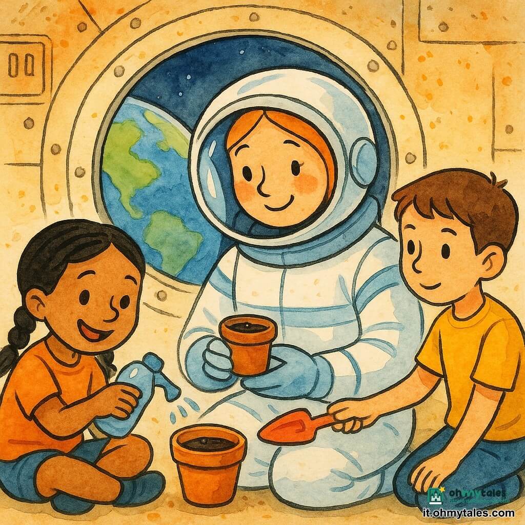 Una donna astronauta sorridente, occhi brillanti, casco trasparente, tuta bianca con strisce azzurro cielo, tiene delicatamente un vasetto con semi; un ragazzo (Tom, circa 9 anni) capelli castani corti, sguardo curioso, porge una paletta di plastica verso di lei, in piedi a destra; una ragazza (Mei, circa 8 anni) con trecce nere e occhi ridenti annaffia il vasetto con una piccola bottiglia d'acqua, seduta a sinistra; interno: cabina spaziale rotonda con pareti metalliche color crema, pannelli con bulloni visibili e un ampio oblò che mostra la Terra blu e verde sullo sfondo; scena: i tre piantano un seme nel vasetto con gesti lenti e accurati, volti calmi e complici, luce morbida dall'oblò; colori vivaci, linee semplici e forme arrotondate, texture d'inchiostro visibili, atmosfera sicura e tenera.