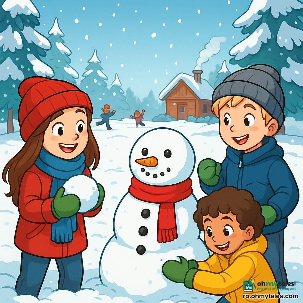 Există 3 personaje: - Iarina: o fetiță de 10 ani, cu părul lung și brunet, purtând o căciulă roșie aprinsă și o eșarfă din lână albastră. Zâmbește vesel, ținând o bulă de zăpadă în mâini. - Mara: o fetiță de 9 ani, cu părul scurt și creț, îmbrăcată într-o jachetă galbenă și mănuși verzi. Ea adună zăpadă pentru a construi un om de zăpadă. - Un băiat: un băiat de 11 ani, cu părul blond și obrașe roz, îmbrăcat într-un palton albastru și o căciulă gri. Se află lângă Iarina, pregătit să arunce o bulă de zăpadă. Personajele se află într-un parc de iarnă, înconjurate de copaci mari acoperiți cu zăpadă strălucitoare. Solul este acoperit cu un strat gros de zăpadă albă, iar fulgii cad ușor din cerul albastru deschis. În fundal, copii se joacă și râd, în timp ce o mică cabană din lemn cu fum ieșind din coș se află lângă ei. Situația principală a poveștii arată cei trei copii construind un om de zăpadă, râzând și distrându-se împreună, cu accesorii colorate precum nasturi negri și o morcov pentru nas, creând o atmosferă veselă și festivă de iarnă.