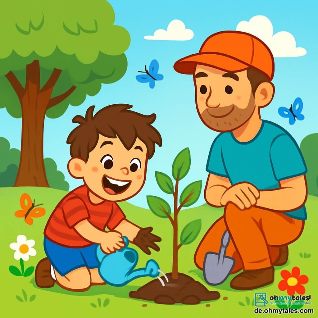 Ein 6-jähriger Junge mit zerzausten braunen Haaren und einem breiten, fröhlichen Lächeln pflanzt einen kleinen Baum in einem grünen Park. Er trägt ein rotgestreiftes T-Shirt und eine blaue Shorts, und seine Hände sind voller Erde, was seine Begeisterung für die Natur zeigt. Neben ihm steht sein Papa, ein etwa 30-jähriger Mann mit einem leichten Bart und einer Mütze, der mit einem stolzen Blick eine kleine Schaufel hält und ihn ermutigt. Sie befinden sich in der Nähe eines großen Baumes mit üppigem Laub, umgeben von bunten Blumen und fliegenden Schmetterlingen. Die Szene spielt sich in einem sonnigen Park mit klarem blauen Himmel und flauschigen weißen Wolken ab. Der Junge ist konzentriert und glücklich, während er den jungen Baum mit einer kleinen Gießkanne bewässert, was sein Engagement für den Umweltschutz zeigt.