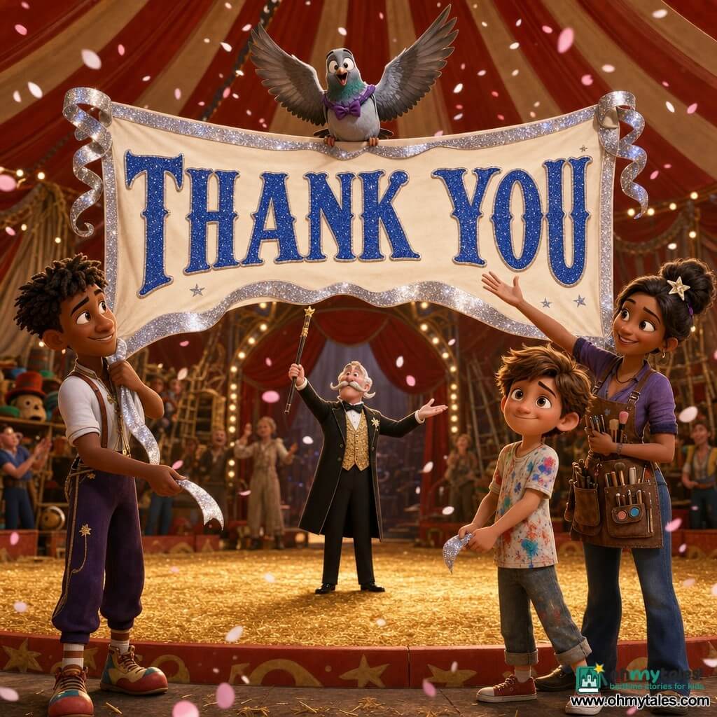 A radiant, emotional 12-year-old boy Milo (bright eyes, shy smile), short tousled brown hair, paint-splattered t-shirt, holds the lower right corner of a large white sign reading THANK YOU in sparkling blue letters; behind him to the right stands Lila, about 28, calm and smiling, hair clipped with a star, makeup apron full of brushes, raising a hand in encouragement; to the left a confident, amused 18-year-old Jun in loose pants and juggler’s shoes holds the lower left corner, leaning toward Milo supportively; at center rear on the ring stands Mr. Bristle, about 50, elegant and proud with a waxed mustache, black suit and cane, lifting his cane to the audience; a small comedic pigeon, Count Pecks-a-Lot, with a purple bow tie, hovers above the sign with wings spread and a dramatic expression. The scene is inside a bright circus tent with red-and-white stripes, warm spotlights casting golden beams, backstage camaraderie visible (hats, props, nets, ropes) and a wood ring dusted with golden sawdust; the giant THANK YOU sign rises slowly above the tunnel entrance in blue letters with a silver ribbon, pink and white petals drift down, creating a joyful, supportive atmosphere of relief and pride.