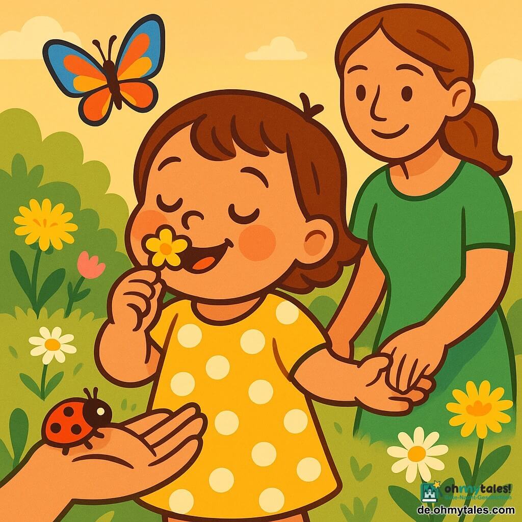 Zweijähriges Mädchen, fröhlich und erstaunt, kurzes braunes Haar, runde rosige Wangen, gelbes Kleid mit weißen Punkten, hält eine kleine gelbe Blume nah an die Nase und lächelt mit geschlossenen Augen; neben ihr die Mutter (ca. 30, kastaniengebundenes Haar, sanftes Lächeln, grünes Kleid) hält ihre linke Hand und steht leicht rechts hinten; ein bunter Schmetterling (Blau, Orange, Rot) fliegt über dem Mädchen, eine kleine rote Marienkäfer mit schwarzen Punkten sitzt auf der Handfläche; Frühlingsgarten mit zartgrünem Gras, Löwenzahn, Gänseblümchen und kleinen rosa Tulpen, warmes Seitenlicht und weiche Schatten, intime Nahaufnahme, zentrierte Komposition, kräftige Farben, klare Konturen, einfacher freundlicher Vektorstil für Kleinkinder.