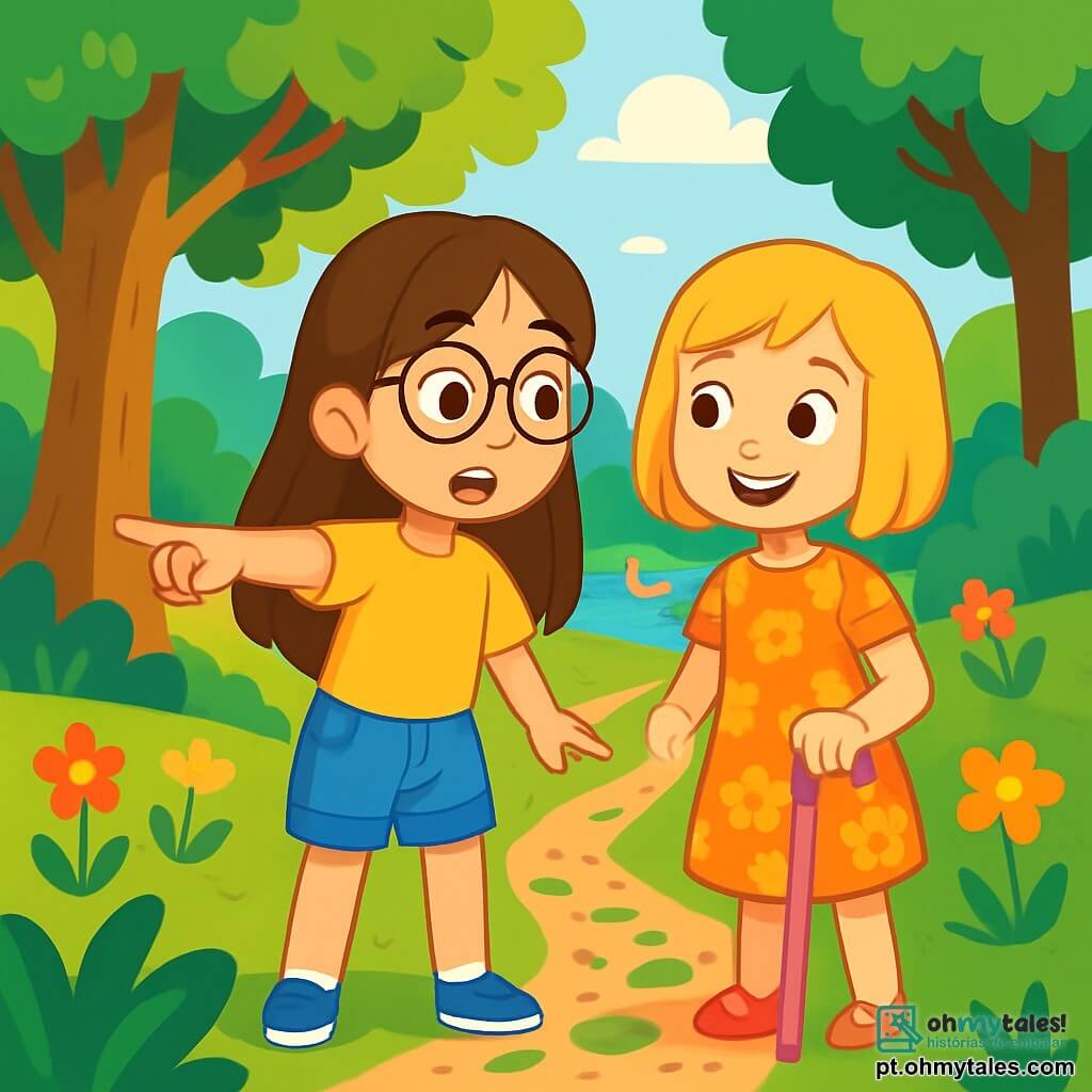 Há 2 personagens principais: - Lara: uma menina de 8 anos, com longos cabelos castanhos e óculos redondos. Ela usa uma camiseta amarela viva e um short de jeans. Ela está apontando para a trilha misteriosa. - Sofia: uma menina de 8 anos, com cabelos loiros cortados em um bob e um sorriso radiante. Ela usa uma bengala cor-de-rosa para ajudá-la a andar e veste um vestido florido. Ela está ao lado de Lara, olhando a trilha com curiosidade. O cenário é um parque verde, cheio de grandes árvores com folhas luxuriantes, flores coloridas que dançam ao vento e um pequeno lago onde patos nadam tranquilamente. A luz do sol filtra através das ramas, criando sombras dançantes no chão. A situação principal mostra Lara e Sofia, intrigadas, diante de uma trilha estreita coberta de folhas, com expressões de excitação e um toque de mistério em seus rostos. Elas estão prontas para se aventurar no desconhecido, cercadas pela beleza natural do parque.