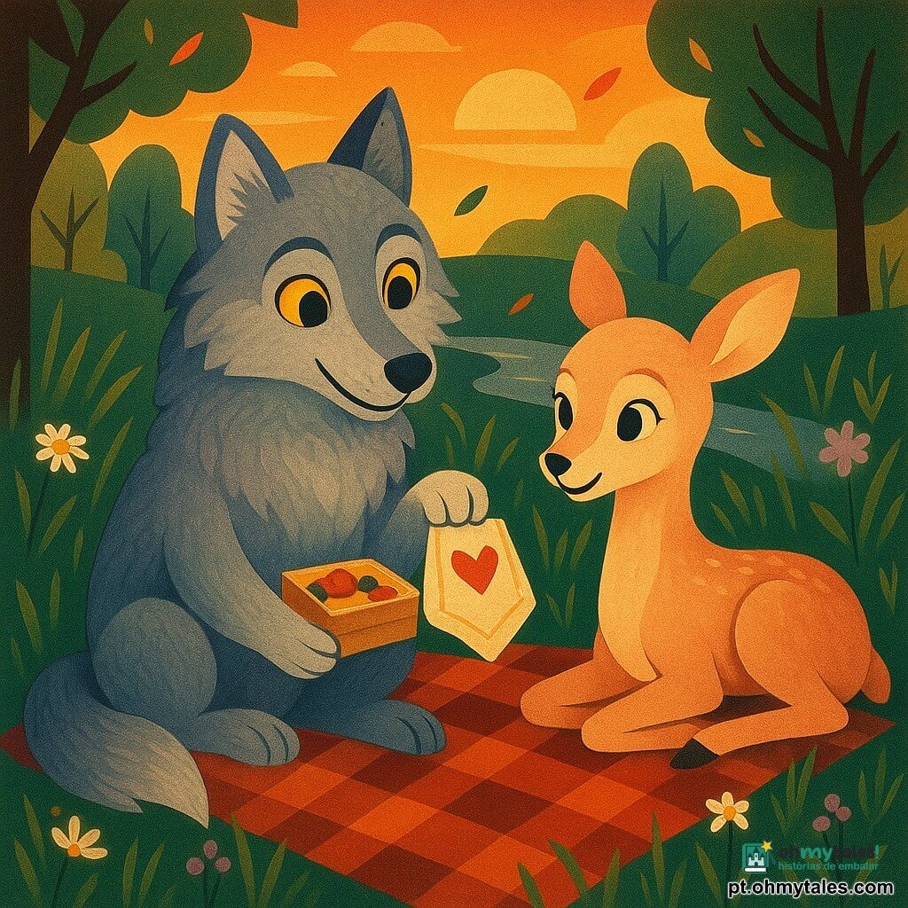 Um pequeno lobo (personagem principal) de pelagem cinza-pérola, macia e lanosa, olhos amarelos luminosos como lanternas, expressão calorosa e tímida, sentado sobre uma manta xadrez, segurando uma pequena caixa de bolo de frutas e mostrando um xale bordado com um coração; uma pequena corça (personagem secundário) de traços delicados, pelagem bege-rosada, olhos grandes e meigos, sorriso surpreso e emocionado, sentada em frente ao lobo na mesma manta, olhando o xale sobre os joelhos; à volta, uma pradaria de ervas altas e verdes salpicada de margaridas brancas e pequenas flores roxas, com luz alaranjada do pôr do sol; ao fundo, silhuetas estilizadas de carvalhos e um ribeiro prateado cintilante, pétalas e folhas levadas por uma brisa; cena principal: um piquenique íntimo de gratidão ao crepúsculo, atmosfera doce e benevolente, composições geométricas e cores contrastantes típicas do art déco, texturas visíveis no xale, no bolo e na pelagem.