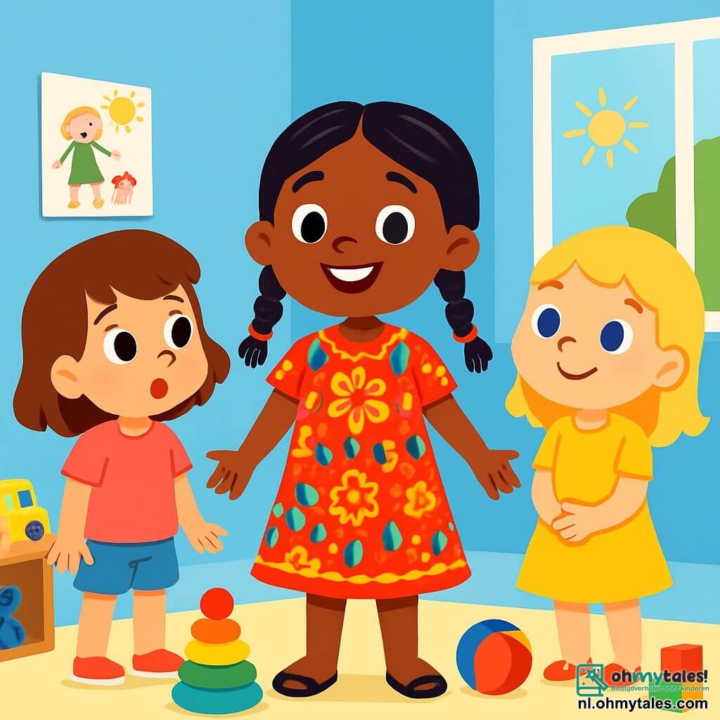 Er zijn 3 personages: - Noor: een 4-jarig meisje met bruin haar en sprankelende ogen, in een roze t-shirt en een spijkershort. Ze staat naast haar vriendinnen en kijkt nieuwsgierig naar Aisha. - Aisha: een 4-jarig meisje van Marokkaanse afkomst, met lange zwarte vlechten in kleine staartjes, in een prachtige gekleurde jurk met bloemenpatronen. Ze glimlacht vrolijk en staat in het midden van de afbeelding. - Suus: een 4-jarig meisje met blond haar en blauwe ogen, in een gele jurk. Ze staat iets op de achtergrond en kijkt Aisha bewonderend aan. De situatie speelt zich af in een heldere klaslokaal met lichtblauwe muren. Er hangen kindertekeningen aan de muren en kleurrijke speelgoed ligt verspreid over de vloer. Een groot raam laat zonlicht binnen, dat de ruimte verlicht. De hoofdscene toont Aisha, trots in haar gekleurde jurk, terwijl Noor en Suus haar met nieuwsgierige en bewonderende gezichten bekijken. Noor vraagt zich af waarom Aisha zo'n jurk draagt, en Suus glimlacht, gefascineerd door de schoonheid van de outfit. De sfeer is vrolijk en vriendschappelijk, wat het belang van tolerantie en acceptatie van verschillen illustreert.
