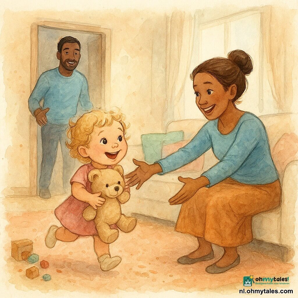 Een 2-jarig meisje met korte blonde krulletjes, ronde gezichtje en roze wangen kijkt blij met brede glimlach en klampt een beige knuffelbeer vast; de moeder (±30) zit op een lage crèmekleurige bank, haar in een knot, armen wijd om het kind te ontvangen, tedere glimlach en beschermende blik; de vader (±32) staat in de deuropening achter de bank, handen licht geheven, vrolijk gezicht en lichte baard kijkend naar hen; warme woonkamer met lichte houten vloer, perzikkleurig groot vloerkleed, pastelkussens, zachte ochtendlicht door een groot raam met lichte witte gordijnen, omgegooide speelgoeddoos en pantoffelsporen; hoofdscène: het meisje rent naar haar moeder voor een grote knuffel met haar beer, de moeder ontvangt dit teder en de vader glimlacht; gecentreerde compositie, pasteltinten, zachte texturen en aquarelachtige accenten.