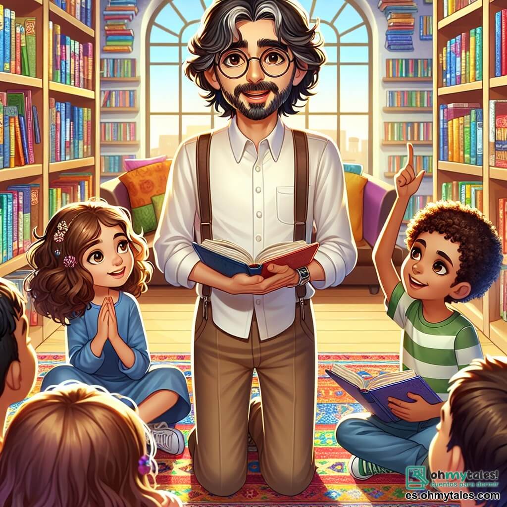 Un hombre, el Sr. Alejandro, está en el centro de una biblioteca acogedora, rodeado de libros coloridos. Tiene cabello castaño ligeramente canoso, gafas redondas y una sonrisa benevolente que ilumina su rostro. Habla con pasión, gesticulando ligeramente con una mano, mientras sostiene un libro abierto con la otra. A su derecha, una niña de diez años llamada Valentina, con cabello rizado y ojos brillantes, lo escucha atentamente, con las manos en las rodillas. A su izquierda, un niño de doce años, Lucas, con cabello castaño desordenado y una mirada curiosa, levanta la mano para hacer una pregunta, mostrando una expresión de entusiasmo. La escena se desarrolla en una biblioteca luminosa, con estanterías llenas de libros de cubiertas coloridas, rayos de sol filtrándose a través de grandes ventanas, iluminando los rostros de los niños y creando una atmósfera acogedora e inspiradora. El Sr. Alejandro comparte historias sobre la paz y la resolución de conflictos, cautivando la atención de los niños, que están sentados en círculo a su alrededor, listos para aprender y participar en un diálogo sobre la importancia de la comprensión y la empatía.