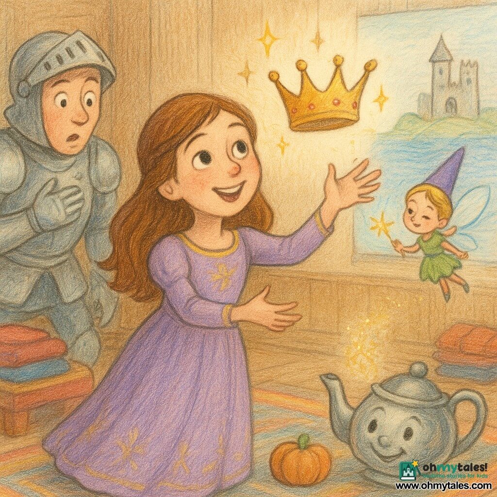 A young princess (about 10) stands center, smiling with sparkling eyes and rosy cheeks, reaching out to catch a glittering crown flying toward her; Fizzlebell the tiny fairy (apple-sized) hovers by the princess's right shoulder with translucent wings, a thimble hat, a mischievous blink and a tiny wand; Sir Shinyhelm (about 35) stands left in the background in slightly dented armor, hand to his chest, leaning toward the princess; a cheeky teapot on the floor to the right, smiling with silver gleams and a slightly lifted lid, emits a puff of sparkles and the crown; the scene is a polished wood rehearsal hall with colorful rugs, stacks of red and blue capes, a small confused orange pumpkin and a cardboard backdrop of sea and castle; the bright, humorous moment shows the crown spiraling from the teapot as the princess gently catches it, the fairy applauding in flight and the knight looking astonished, warm pastel colors and visible crayon textures.
