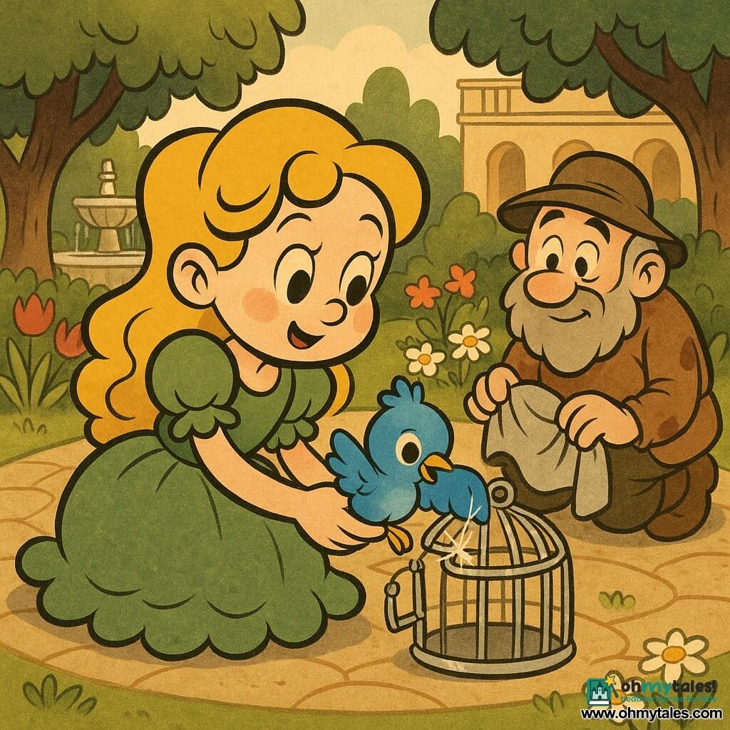 Princess with a round, gentle face and long blonde curls in a green ruffled dress, crouching and tenderly holding a small cage of silver threads; a small bright blue bird with fluffy feathers and shining round eyes perches shyly on her hand as its wing is partially freed; an elderly gardener with a gray mosslike beard and a dirty brown smock kneels behind her, holding a scrap of silver fabric and watching kindly; palace garden with cobbled stone ground, colorful flowerbeds, a stone fountain and broad-leaved trees in soft late-afternoon light; peaceful scene of the princess gently freeing the bird from the silver-thread cage, slow careful movements and tiny sparks as the thread loosens.
