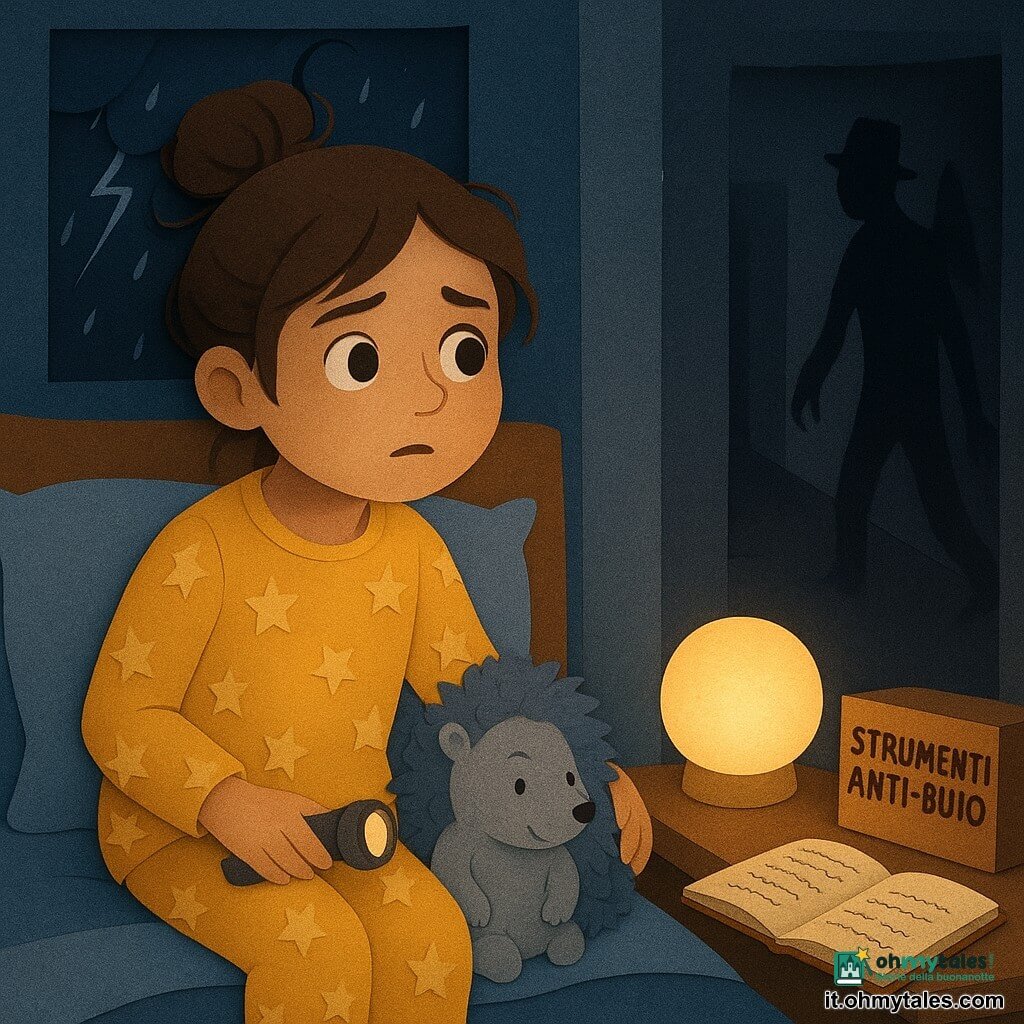 Una bambina di circa 11 anni, capelli castani raccolti in uno chignon disordinato, viso rotondo ed espressivo, occhi grandi leggermente preoccupati ma rasserenati, seduta nel suo letto in pigiama a stelle, con una piccola torcia spenta in una mano e l’altra mano appoggiata su un peluche riccio; il peluche riccio con aculei di stoffa, grigio-blu e espressione dolce e rassicurante, vicino al cuscino a fare da compagno protettivo; sul comodino una piccola lampada notturna rotonda che illumina un cerchio caldo di luce giallo pallido, accanto a una scatola di cartone con l’etichetta STRUMENTI ANTI-BUIO (ma gentili) e un taccuino aperto con qualche parola scarabocchiata; sullo sfondo un corridoio oscuro con ombre lunghe e le sagome di un appendiabiti trasformato in “Giorgio”, forme ritagliate drammatiche ma stilizzate, non minacciose e lievemente mosse; alla finestra gocce di pioggia e un lampo lontano che disegna sagome contrastate, atmosfera di tempesta dolce e rassicurante; scena notturna intima e confortante di una bambina che impara ad addomesticare la paura del buio con il suo peluche, la luce notturna e i suoi “strumenti”, composizione centrata, luce calda in primo piano e ombre artistiche sullo sfondo.