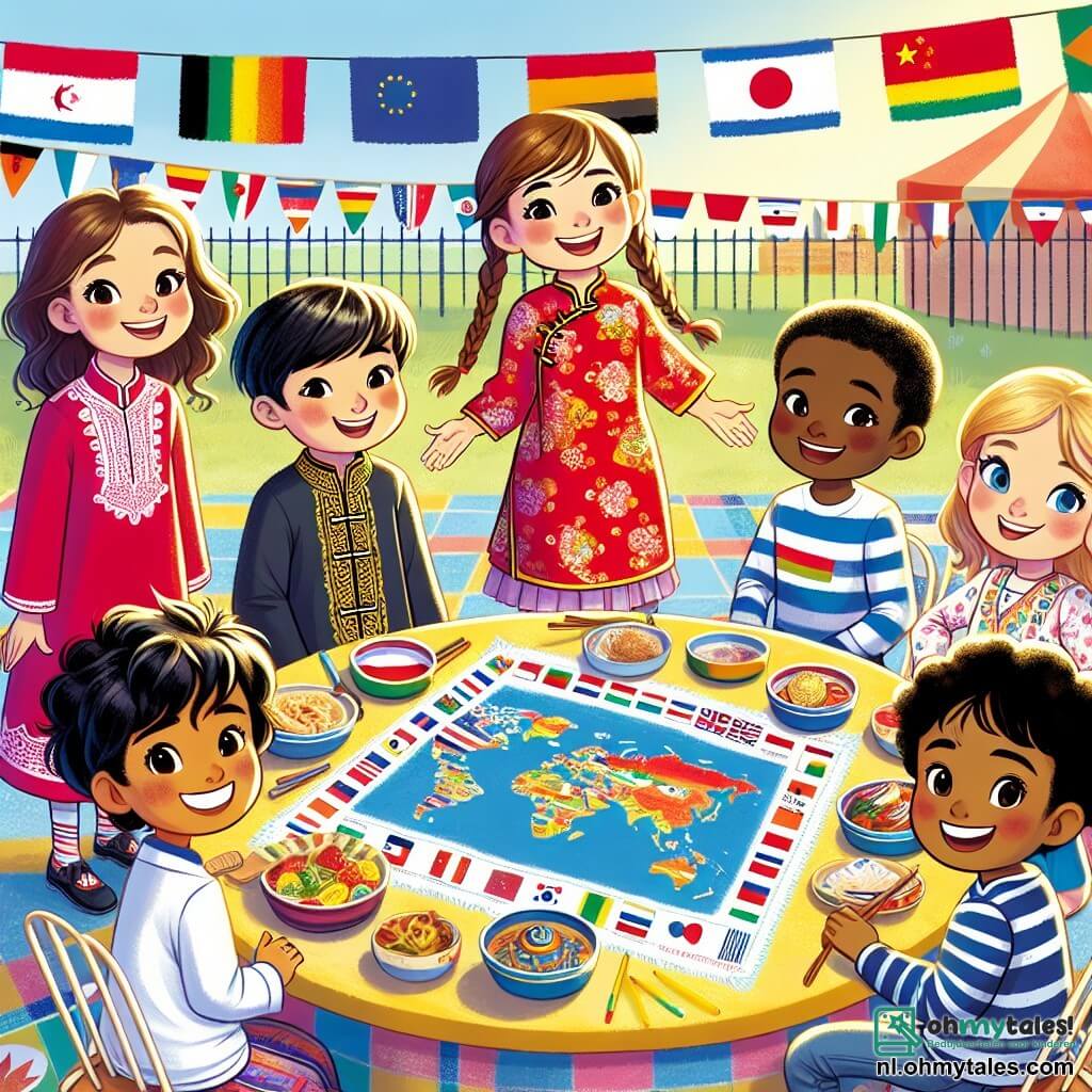 In een zonnige schoolyard verzamelen vijf vrienden zich rond een grote tafel versierd met kleurrijke vlaggen uit de hele wereld. Amir, een 10-jarig Marokkaans jongen, heeft een olijfkleurige huid en krullend bruin haar. Hij draagt een traditionele Marokkaanse shirt en glimlacht terwijl hij een typisch gerecht toont. Mei, een 9-jarig Chinees meisje, heeft een lichte huid en lange, gevlochten zwarte haren. Ze draagt een mooie rode qipao en toont trots Chinese kalligrafieën. Sophie, een 10-jarig meisje met blond haar en blauwe ogen, draagt een t-shirt met Europese motieven en houdt een kaart van Europa vast terwijl ze de verschillende talen uitlegt. Ravi, een 9-jarig Indiaas jongen, heeft een donkere huid en zwart haar. Hij draagt een kleurrijke kurta en danst vrolijk terwijl hij Indiase danspassen laat zien. Lucas, een 10-jarig jongen in een rolstoel, heeft een lichte huid en kastanjebruin haar. Hij glimlacht terwijl hij een bord over toegankelijkheid toont, omringd door zijn vrienden. De scène speelt zich af in een levendige schoolyard, versierd met bloemenguirlandes en kleurrijke ballonnen, met kinderen van verschillende afkomst die plezier hebben. De vrienden delen hun culturen tijdens de Diversiteitsdag, waarbij ieder trots een aspect van zijn erfgoed presenteert, wat een sfeer van vreugde en leren creëert.